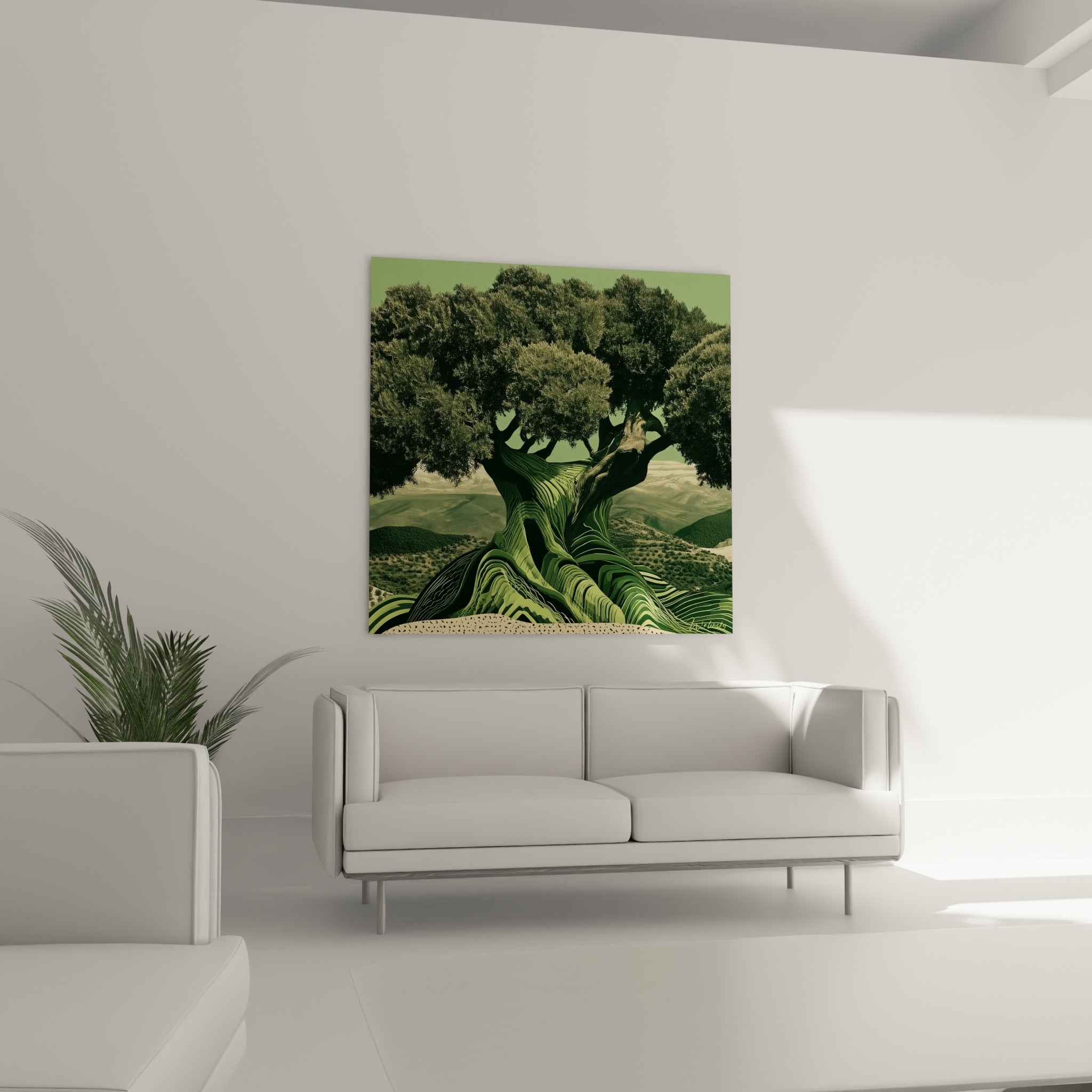Feuillage dense vert sauge et tronc ondulant au-dessus d'un canapé dans un salon lumineux