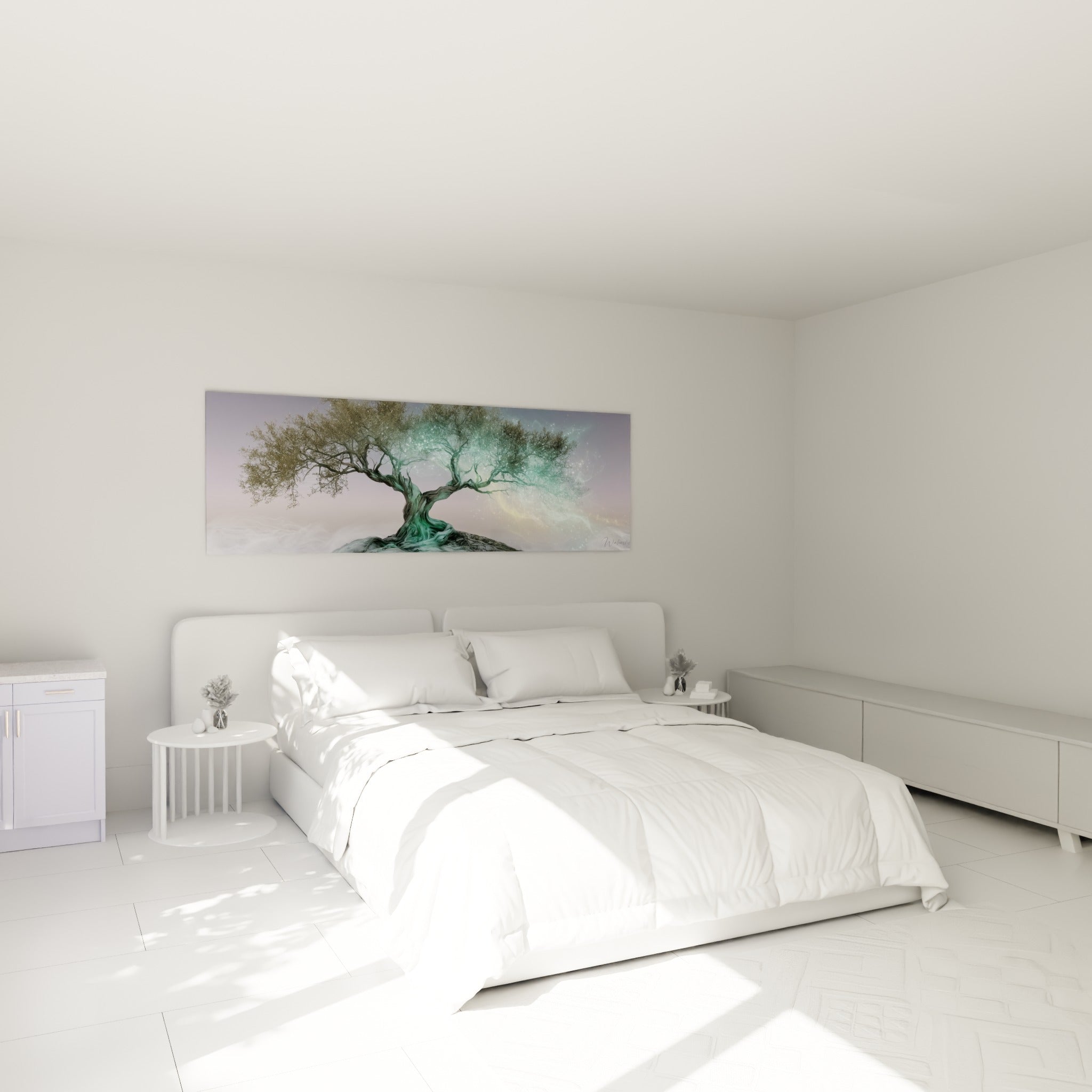Arbre noueux turquoise et mauve, particules lumineuses, au-dessus d'un lit dans une chambre claire