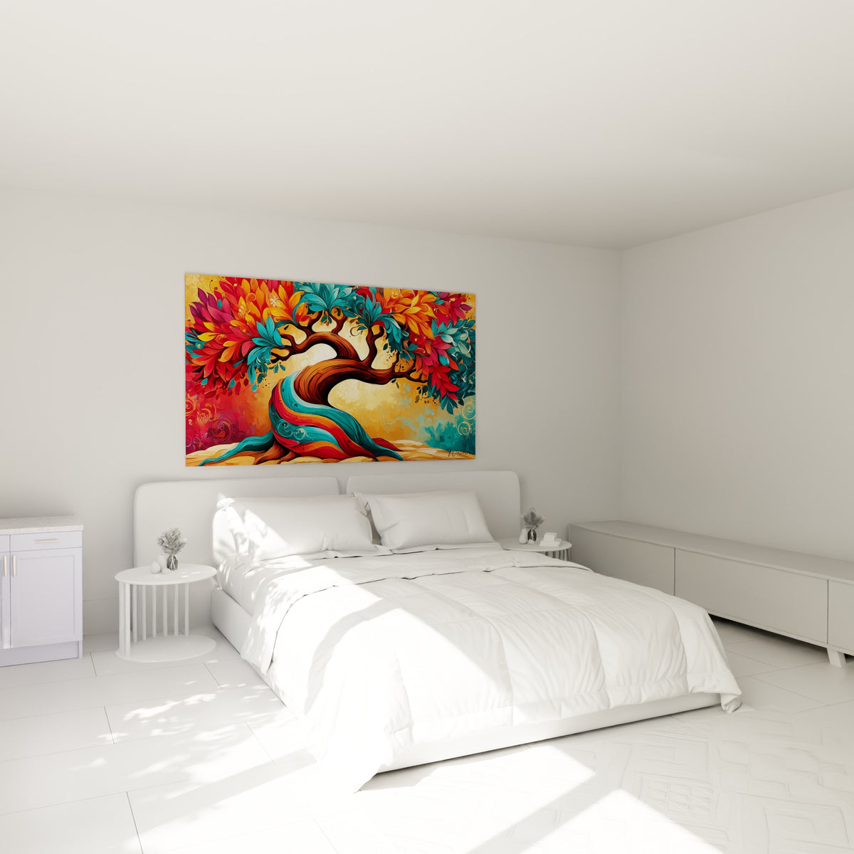 Arbre coloré aux teintes magenta et bleu sarcelle, accroché au-dessus d'un lit dans une chambre claire