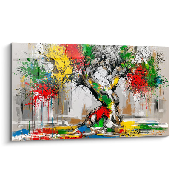Tableau Olivier tronc blanc et rouge éclaboussures multicolores - Feuillage arlequin vibrant - Edition Olivier