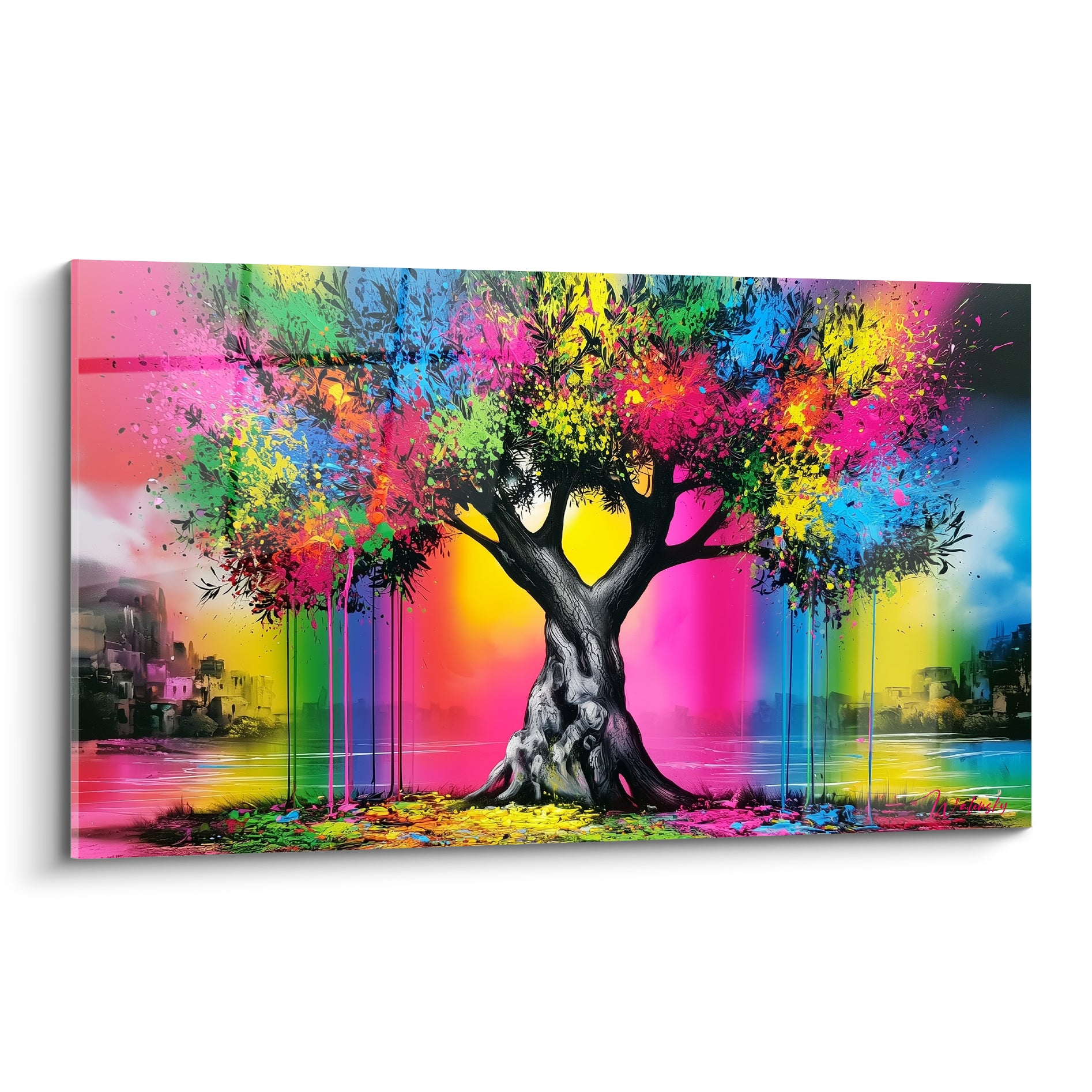 Olivier au tronc gris sculptural, feuillage éclaté rose fuchsia et jaune vif, style splatter