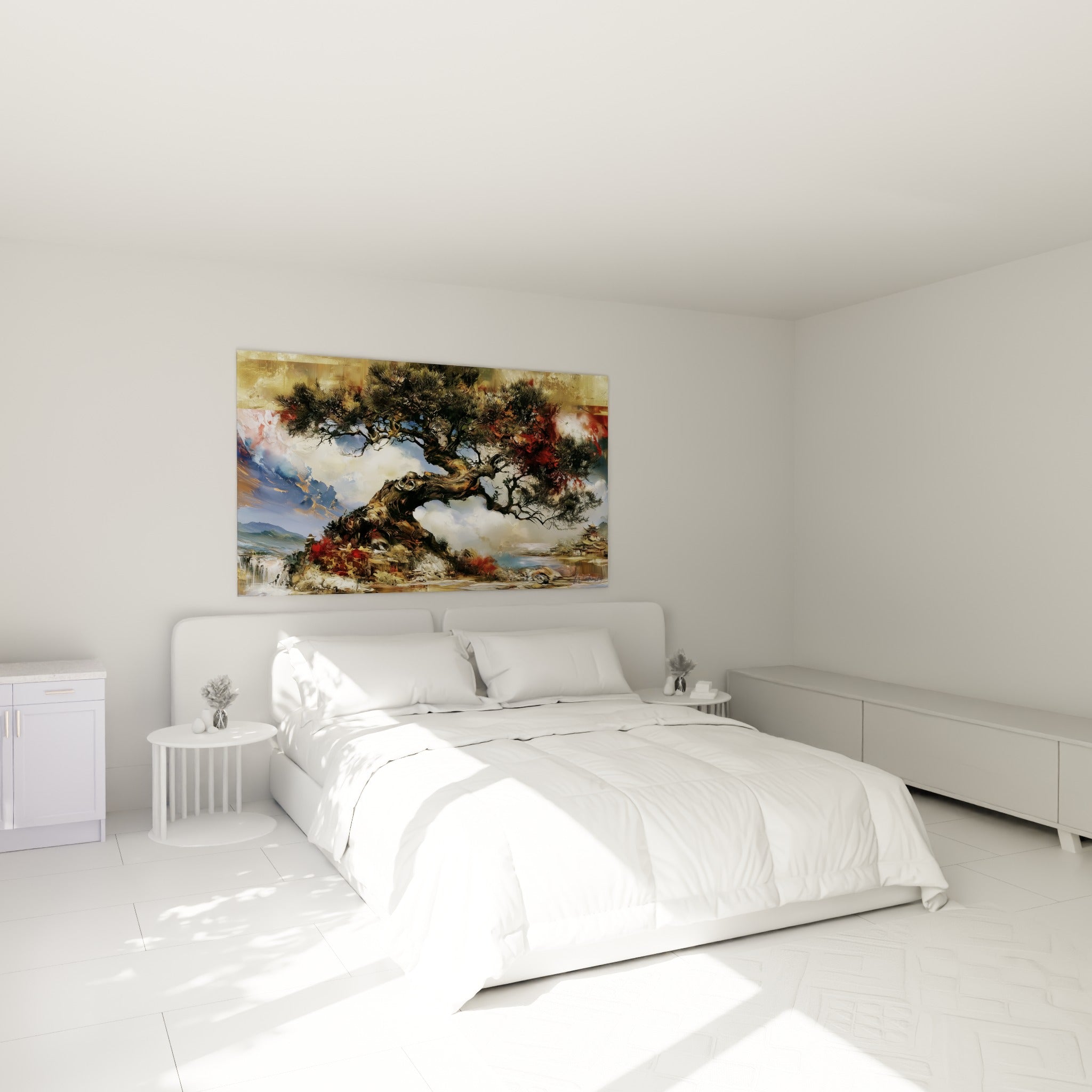 Arbre séculaire aux branches torsadées et touches dorées, accroché au-dessus d'un lit dans une chambre claire