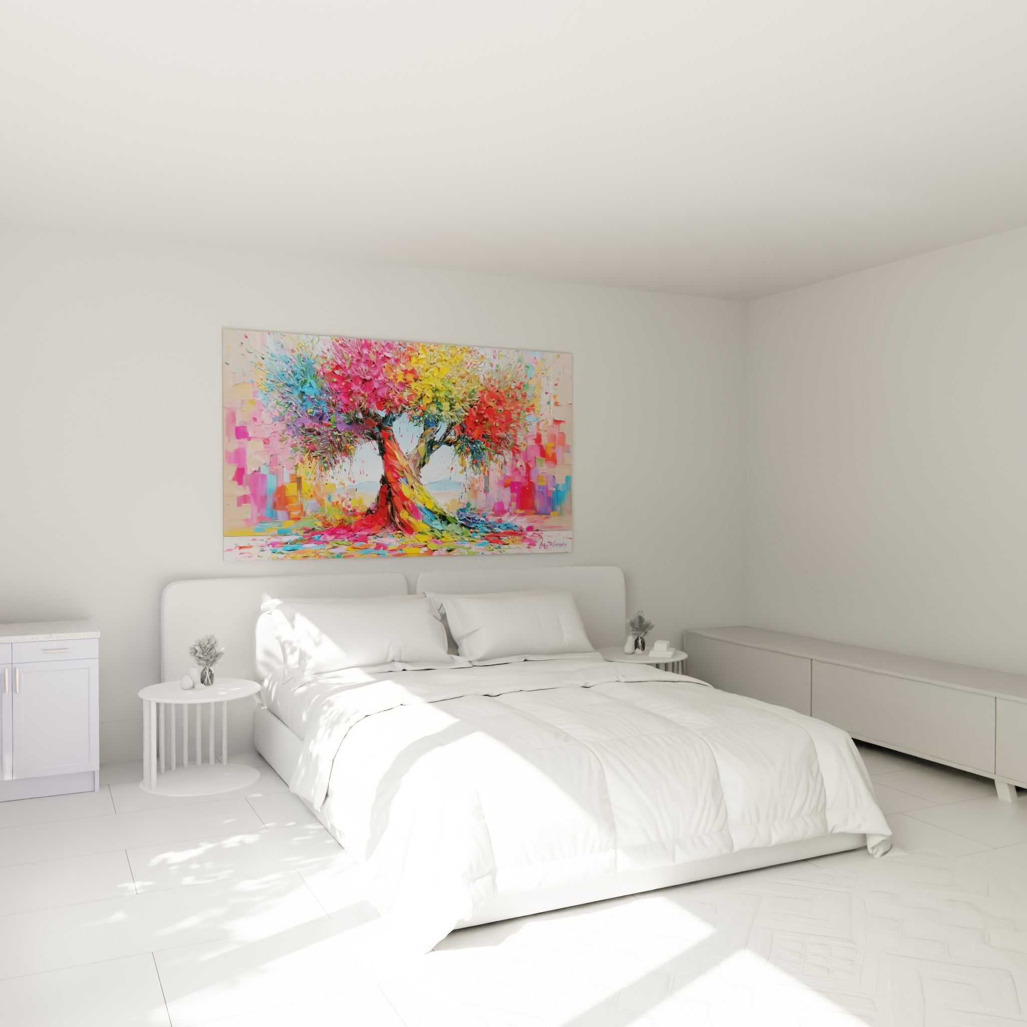 Silhouette d'olivier coloré bleu et corail au-dessus d'un lit dans une chambre claire