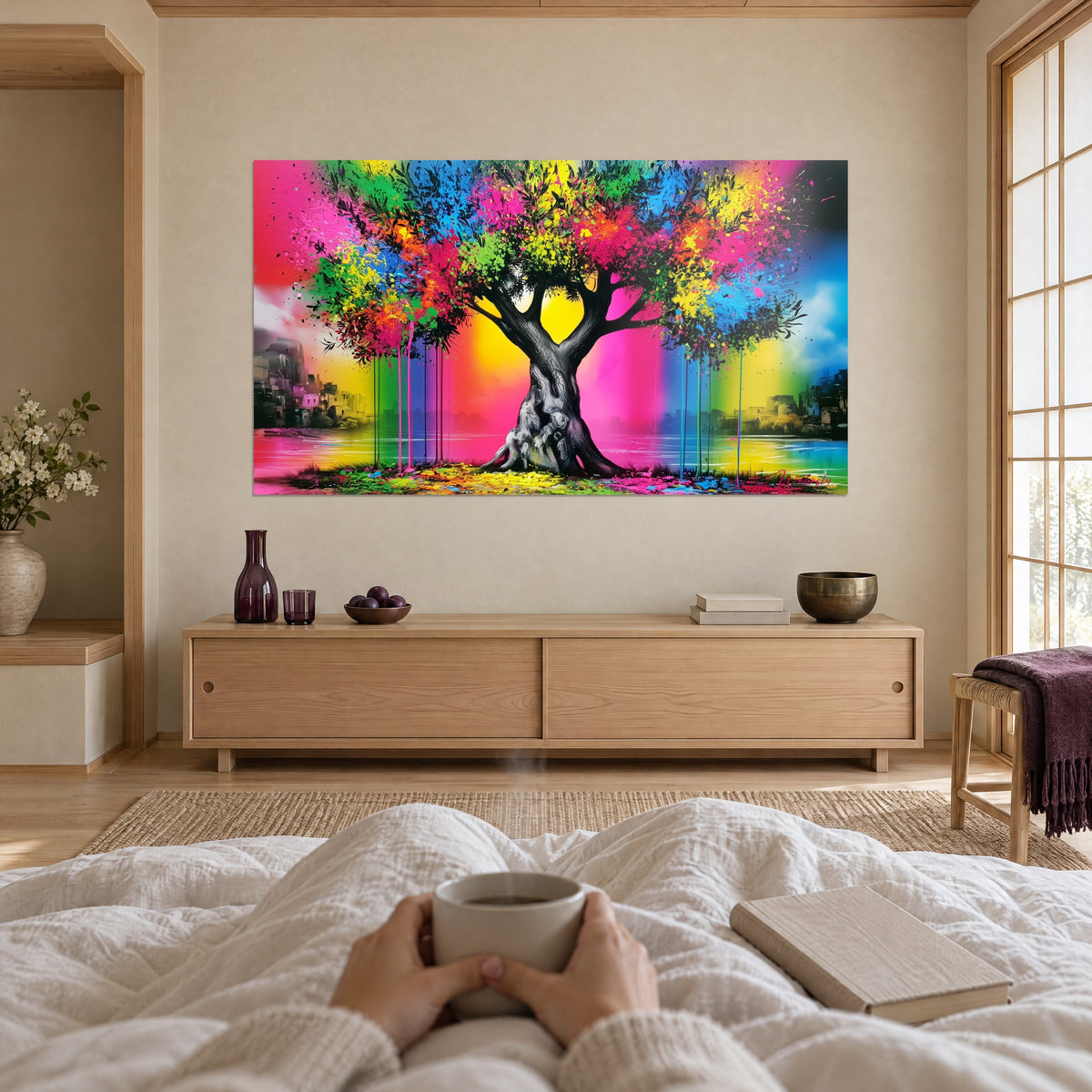 Cuadro tronco de olivo negro bajo una copa fucsia y amarillo limón, pared crema sobre una cama en un dormitorio luminoso