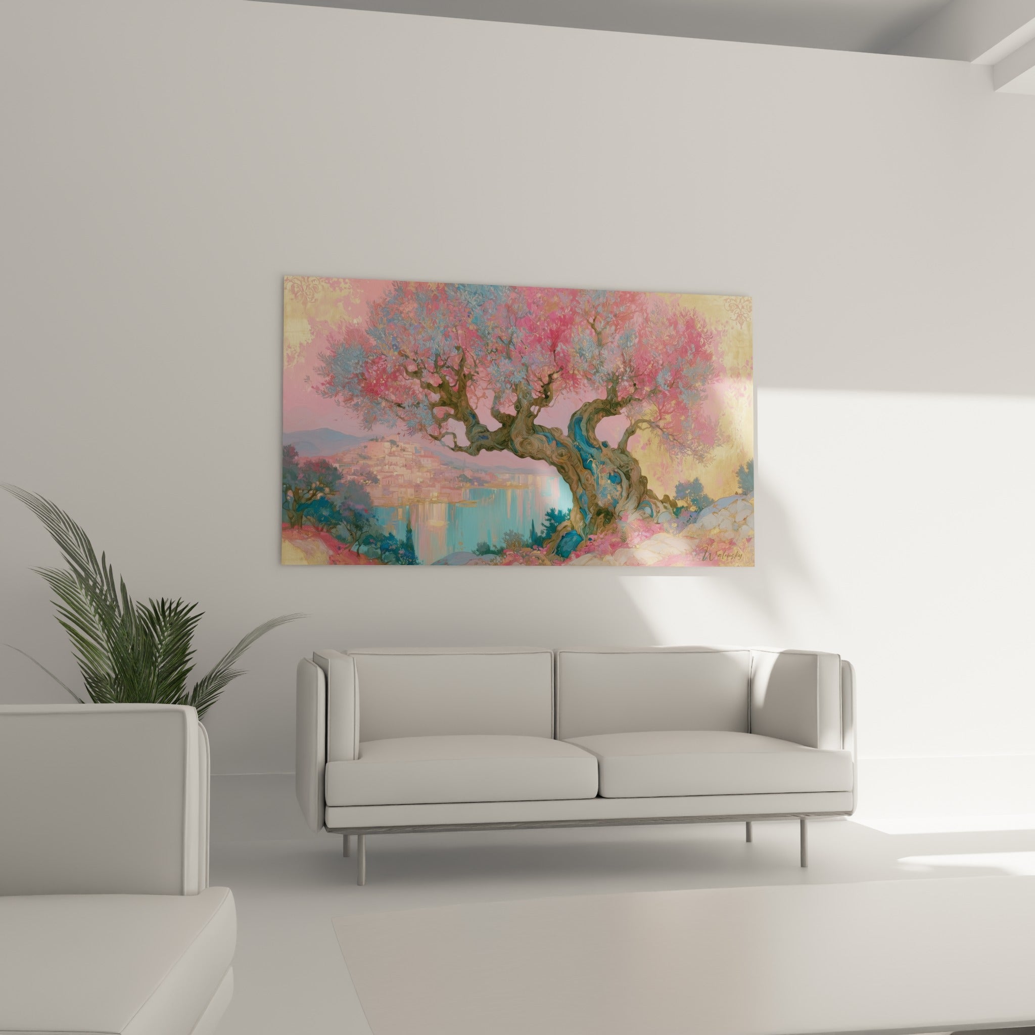 Cet arbre méditerranéen rose et turquoise surplombe un canapé dans un salon lumineux et épuré