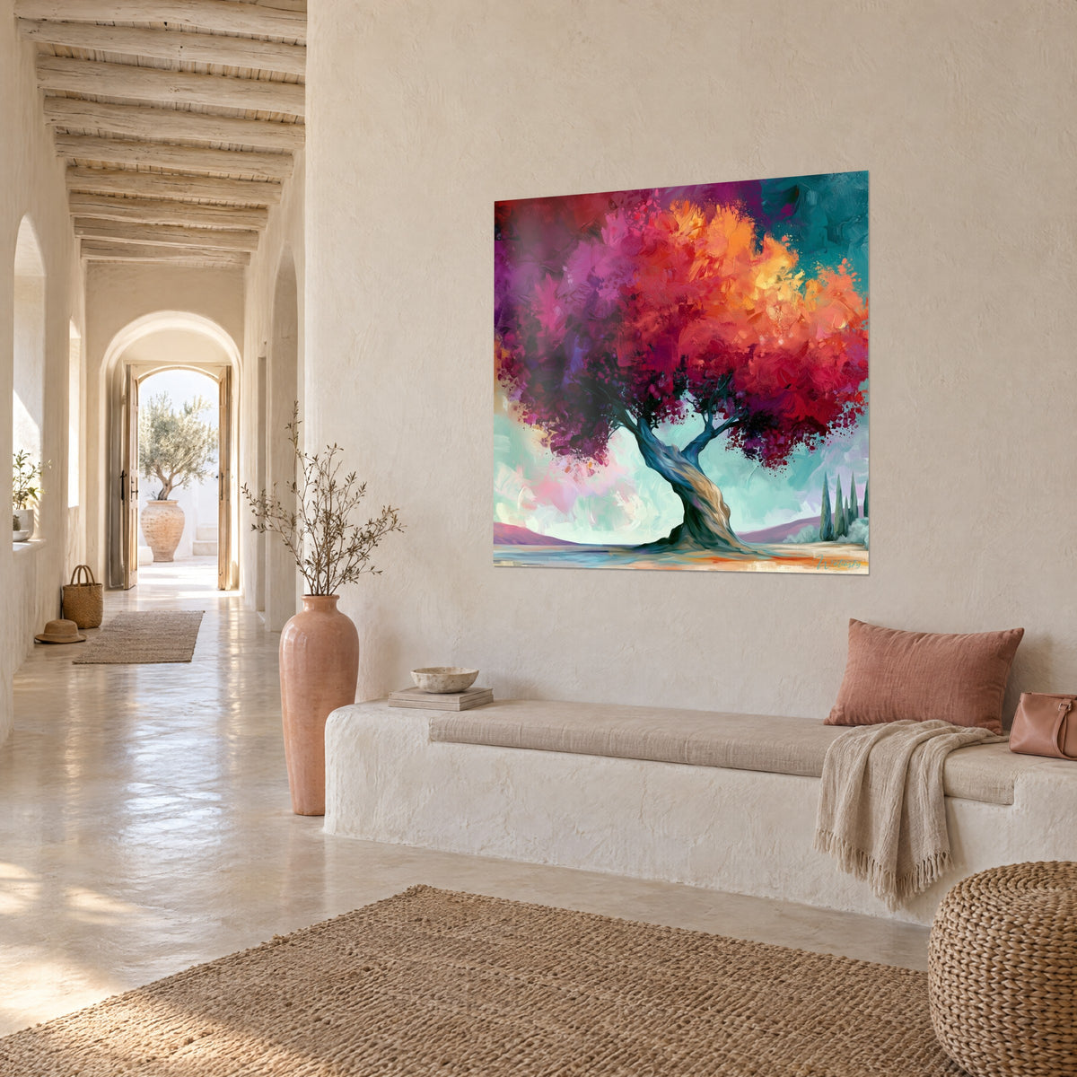 Gemälde jahrhundertealter Baum mit verdrehtem blaugrünem Stamm und magentafarbener und ockerfarbener Krone, an der gewölbten Wand eines Flurs in einem mediterranen Haus