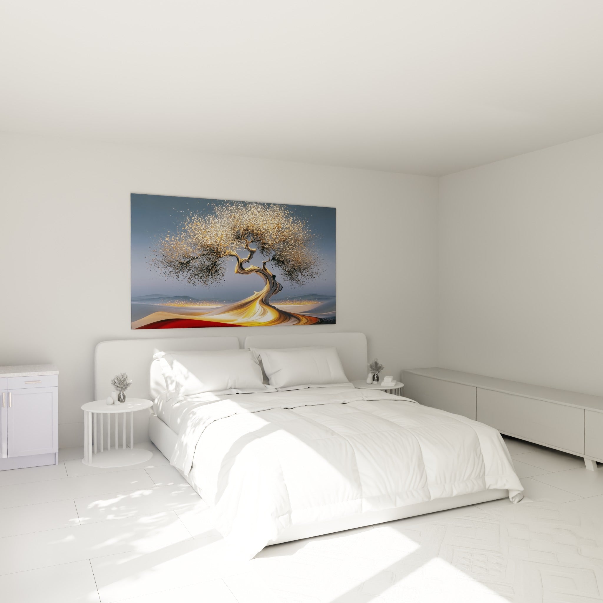Silhouette d'olivier doré et bleu marine accrochée au-dessus d'un lit dans une chambre claire