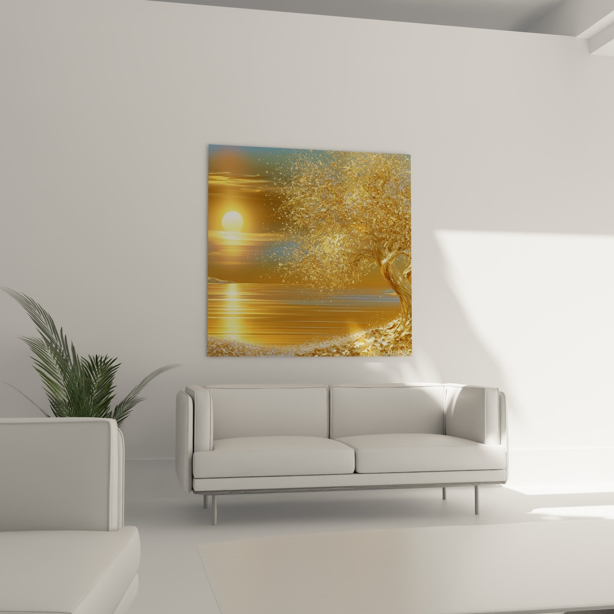 Feuillage doré et reflets bleu pastel d'un olivier suspendu au-dessus d'un canapé dans un salon lumineux