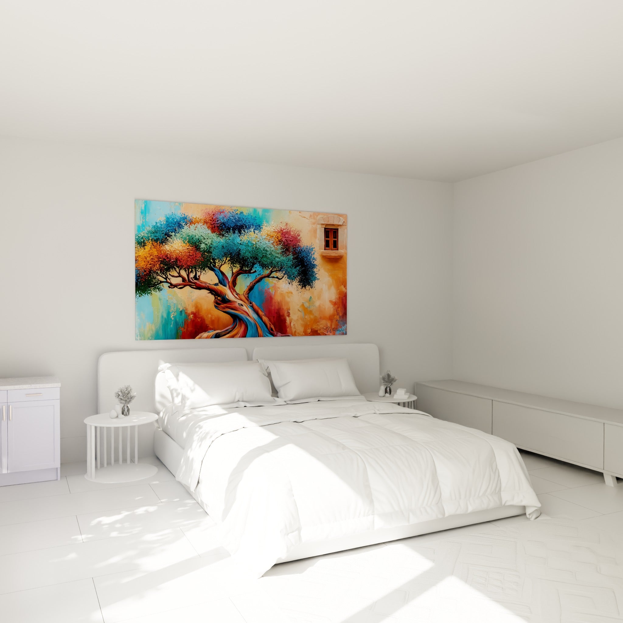Arbre méditerranéen aux couleurs bleu marine et bordeaux, accroché au-dessus d'un lit dans une chambre claire