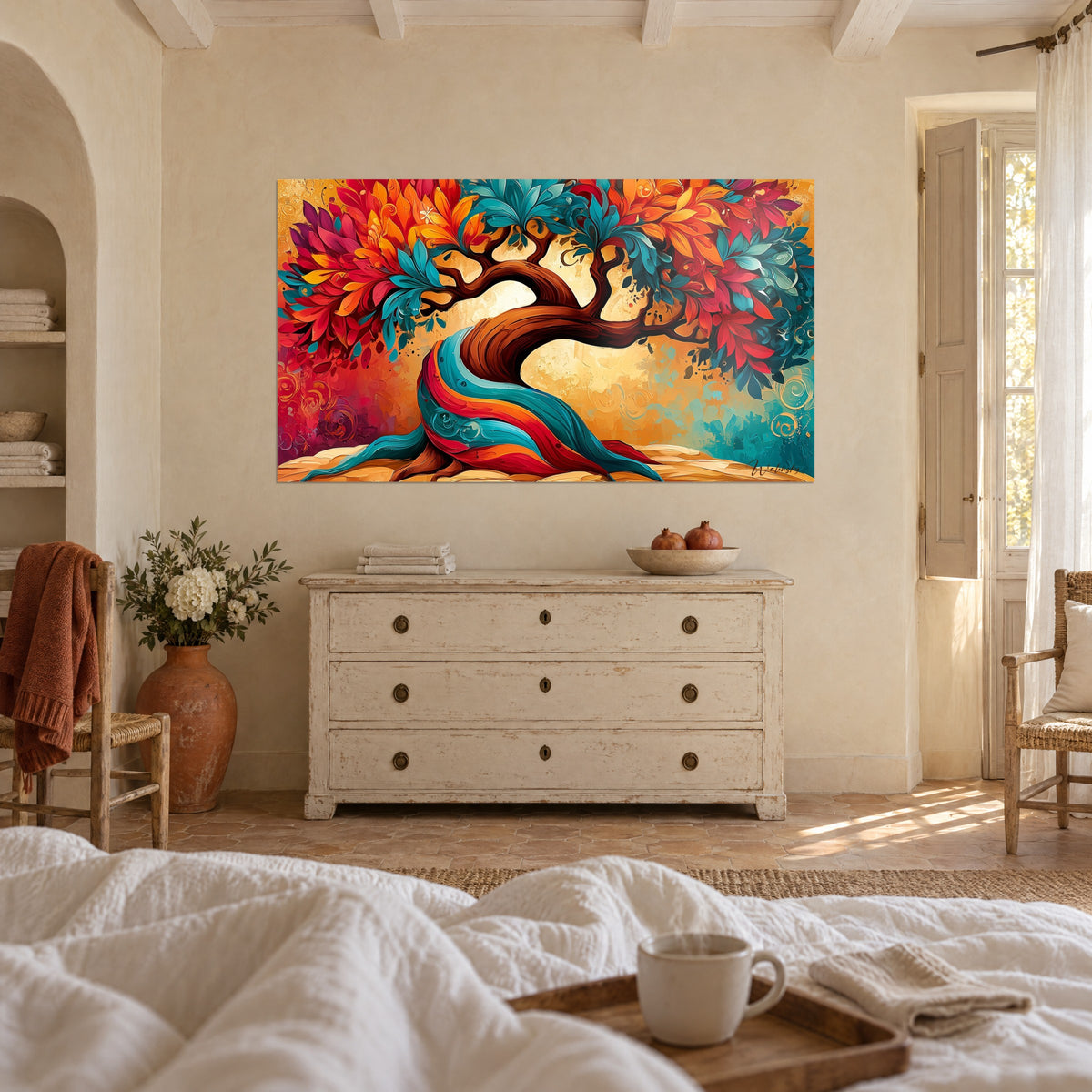 Tableau feuillage danse corail et sarcelle sur fond ocre doré, au-dessus d'un lit dans une chambre claire