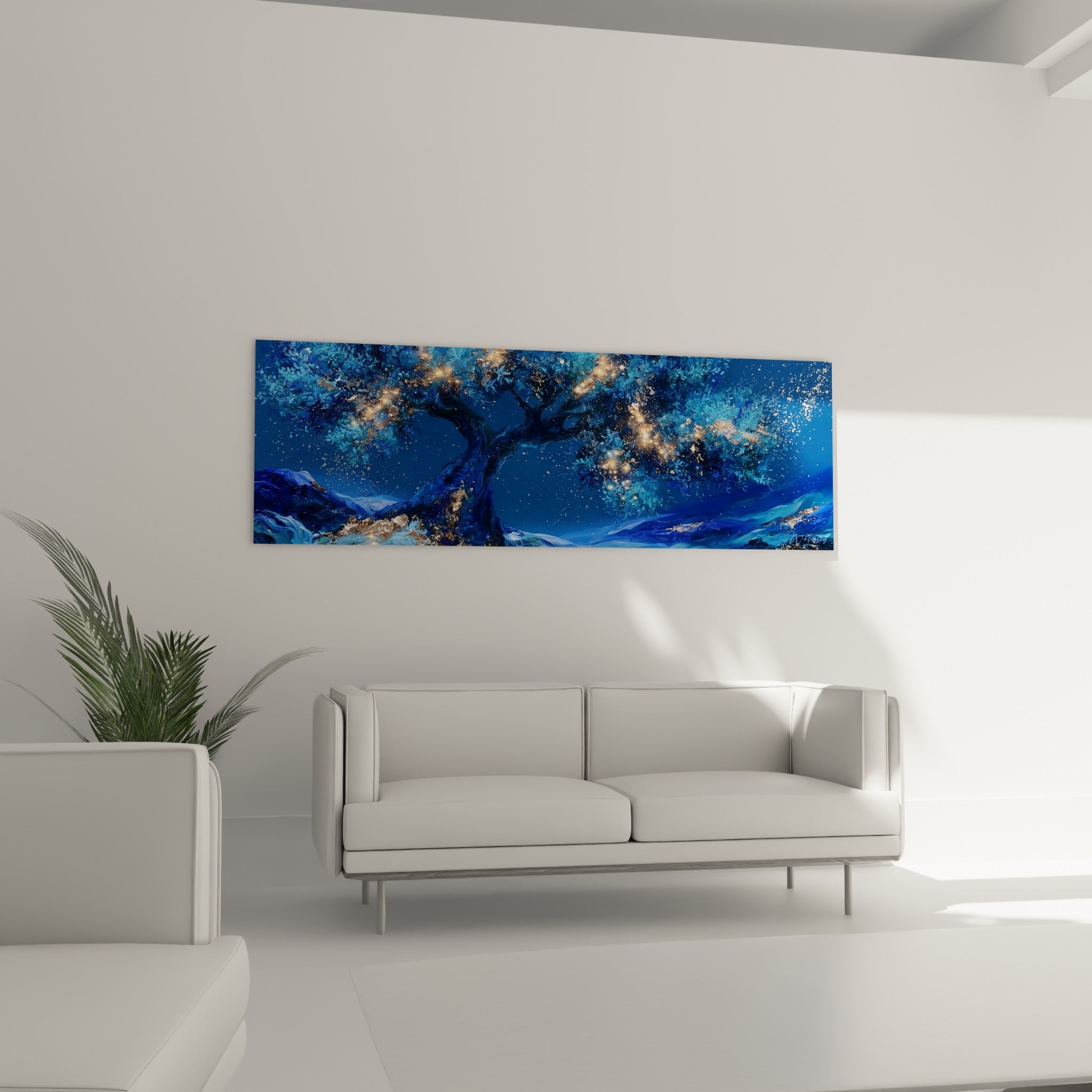 Feuillage turquoise et doré d'un olivier nocturne, au-dessus d'un canapé dans un salon lumineux