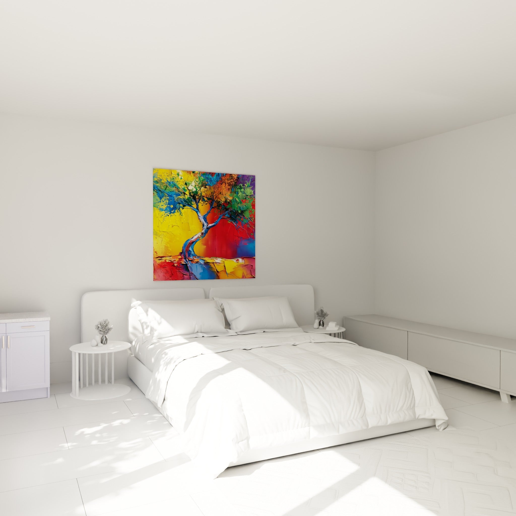 Arbre stylisé bleu et rouge, feuillage vert et doré, accroché au-dessus d'un lit dans une chambre claire
