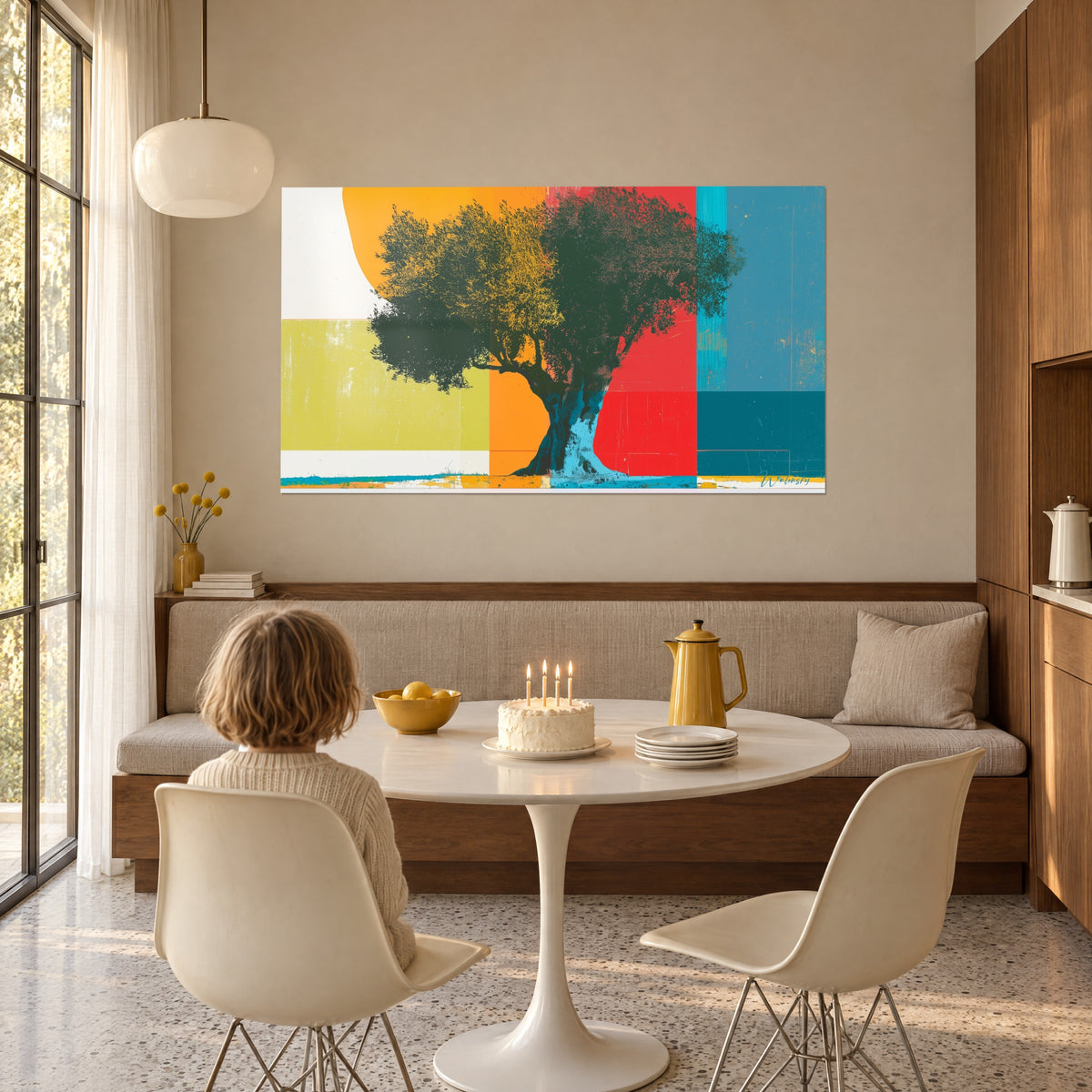 Wall art dark green olive foliage on ochre yellow and red squares, child seen from behind at a party table, birthday, dining room