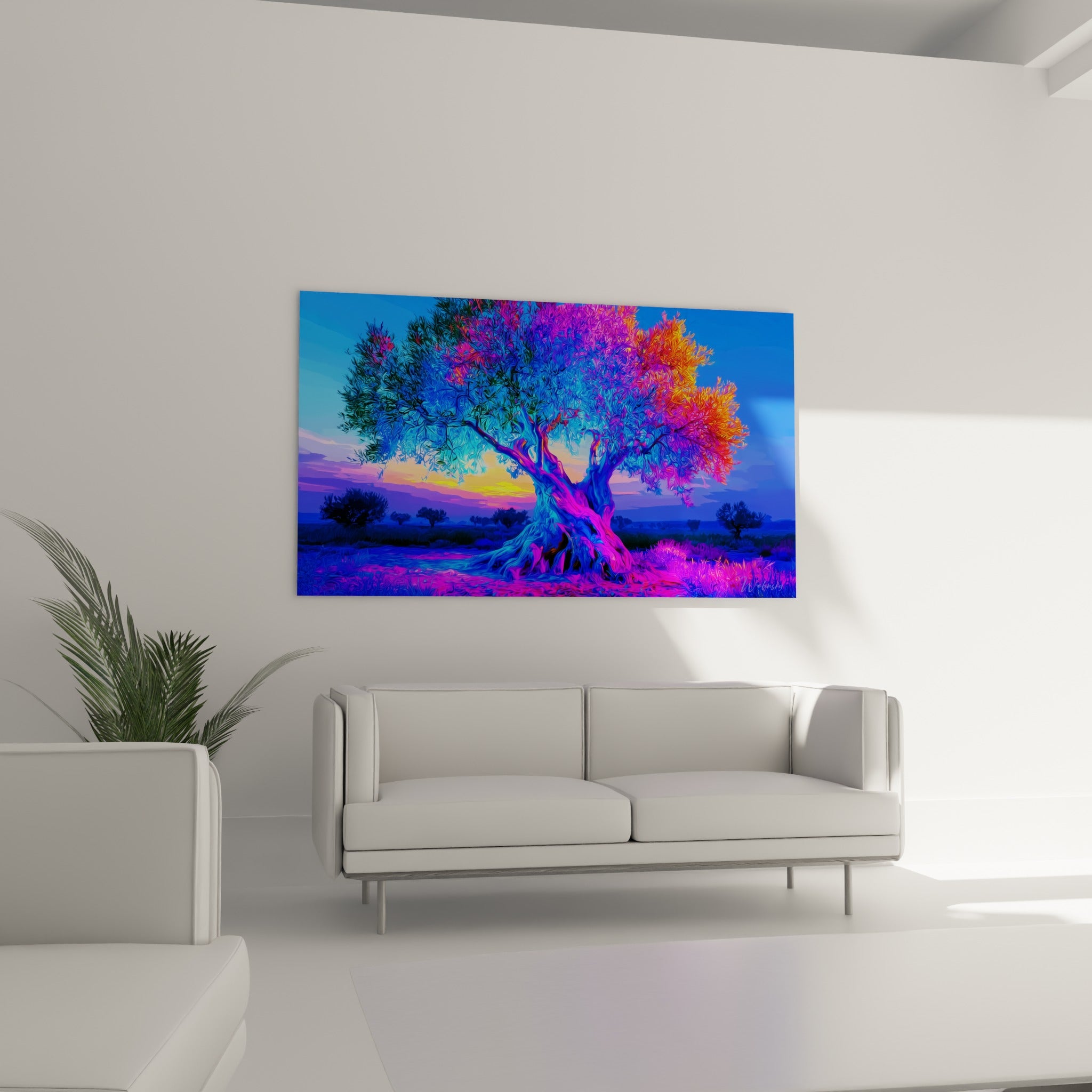 Feuillage électrique bleu et violet d'un olivier, tableau accroché au-dessus d'un canapé dans un salon lumineux