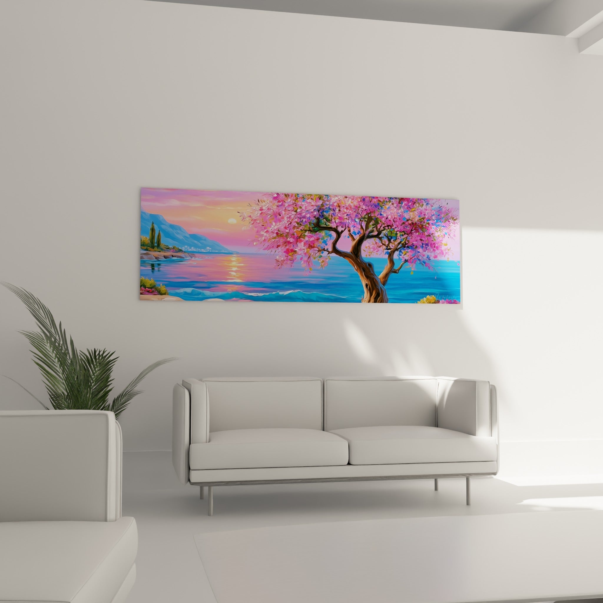 Feuillage rose et tronc ocre d'un olivier fleuri au-dessus d'un canapé dans un salon lumineux