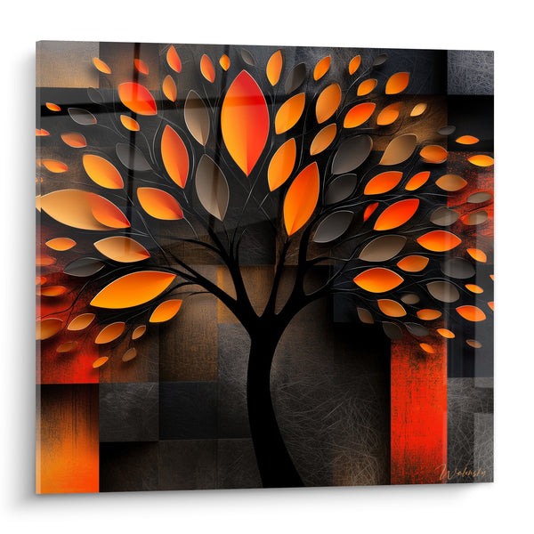 Tableau Olivier stylisé feuilles orange et noir - Éclat d'automne - Edition Olivier