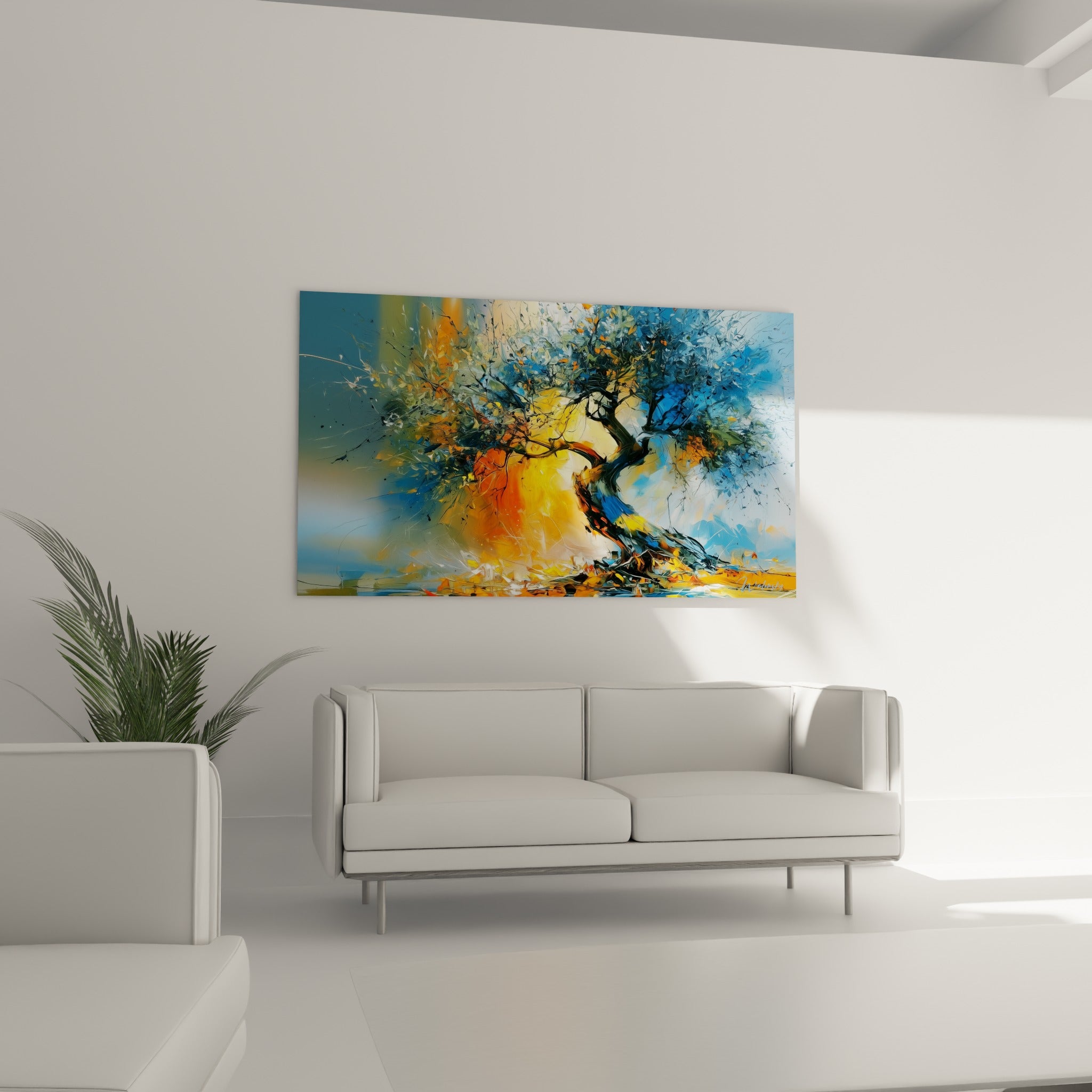 Silhouette d'olivier entre bleu pastel et orange vif, suspendue au-dessus d'un canapé dans un salon lumineux