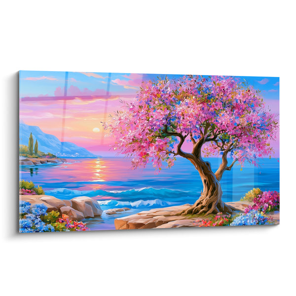 Tableau Olivier fleuri rose et bleu au coucher du soleil - Floraison du crépuscule - Edition Olivier