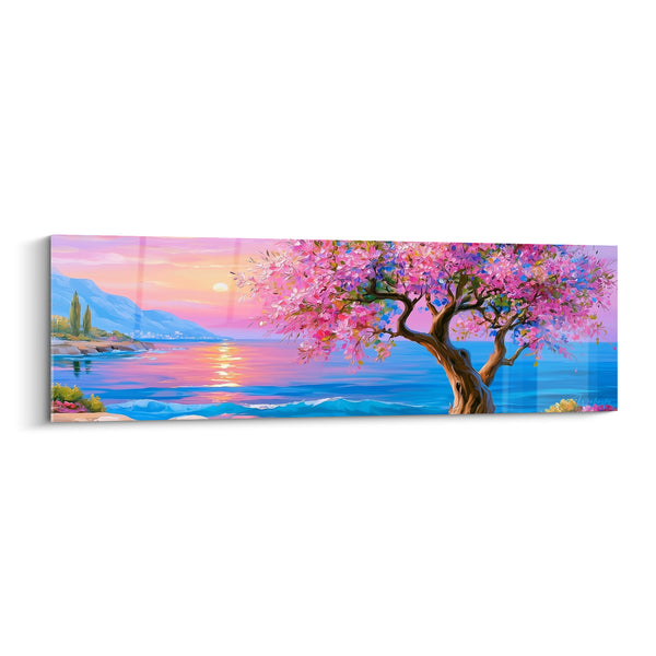 Tableau Olivier fleuri rose et bleu près du littoral - Coucher de soleil marin - Edition Olivier