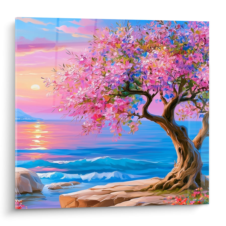 Tableau Olivier fleuri rose et bleu au bord des vagues - Soleil couchant sur rochers - Edition Olivier