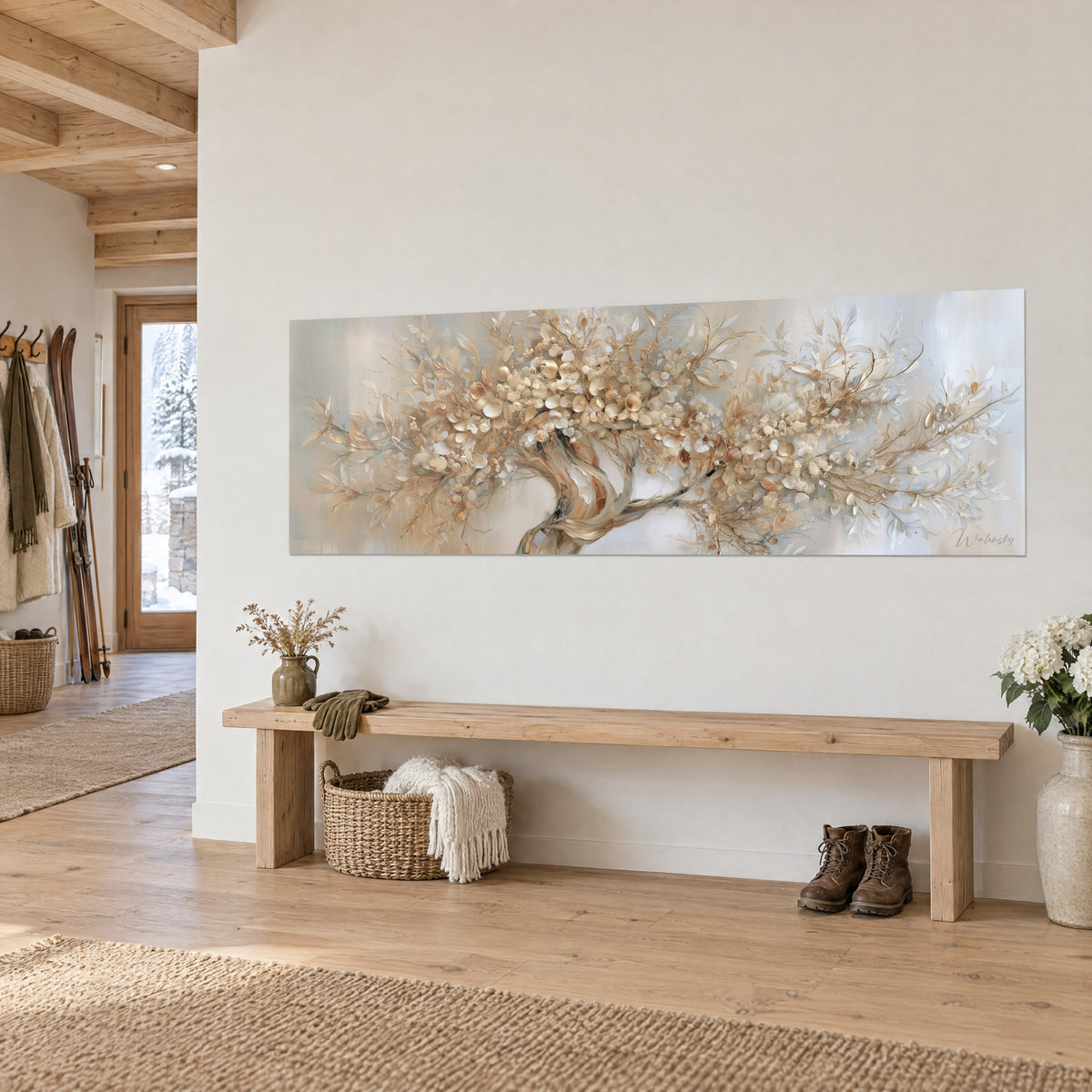 Gemälde Blütenbaum mit perlmuttfarbenen Blüten auf blaugrauem Hintergrund, kupferfarbene Zweige fächerförmig, über einer Holzbank, Chalet