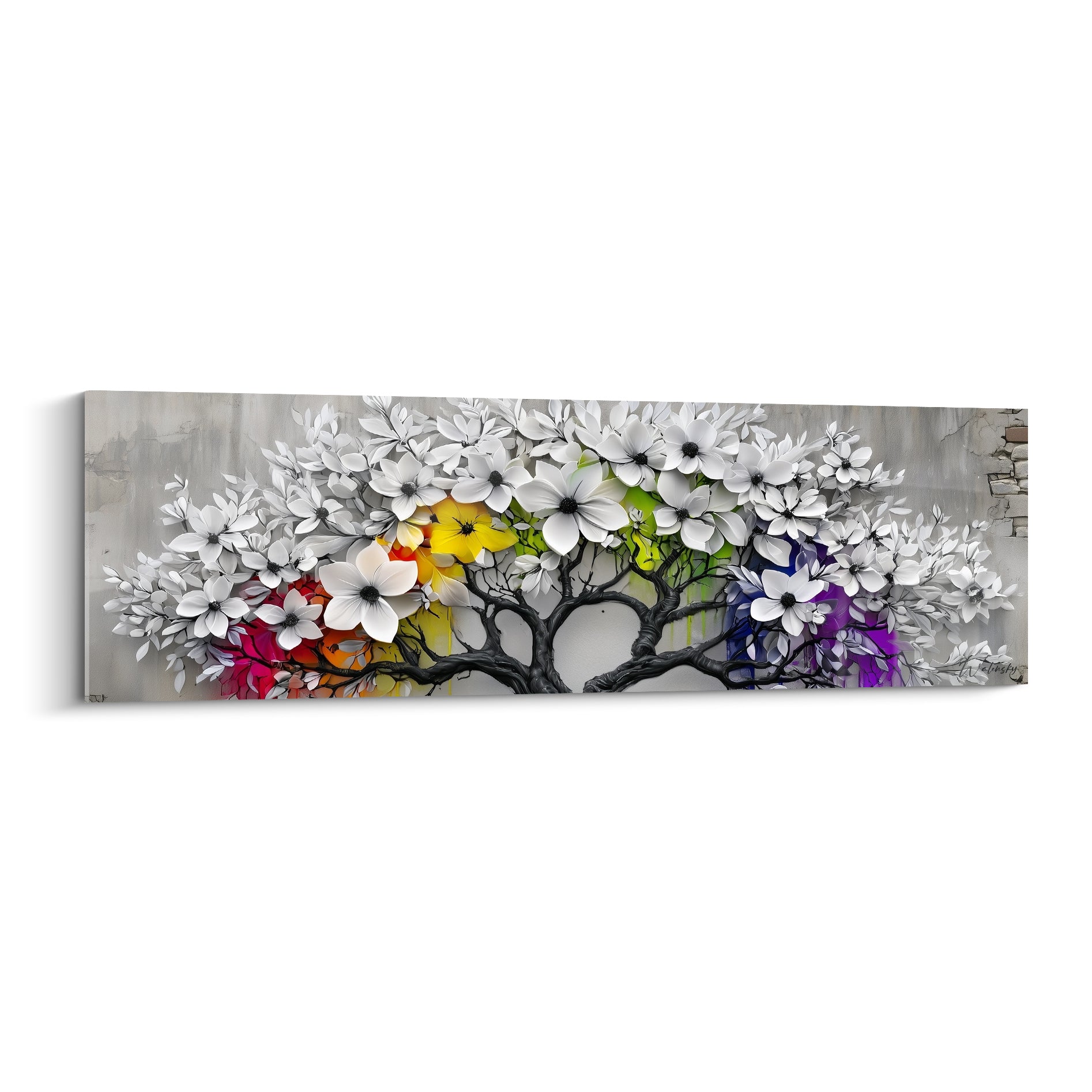 Olivier noir aux fleurs blanches et halo multicolore rouge, jaune et violet sur fond gris