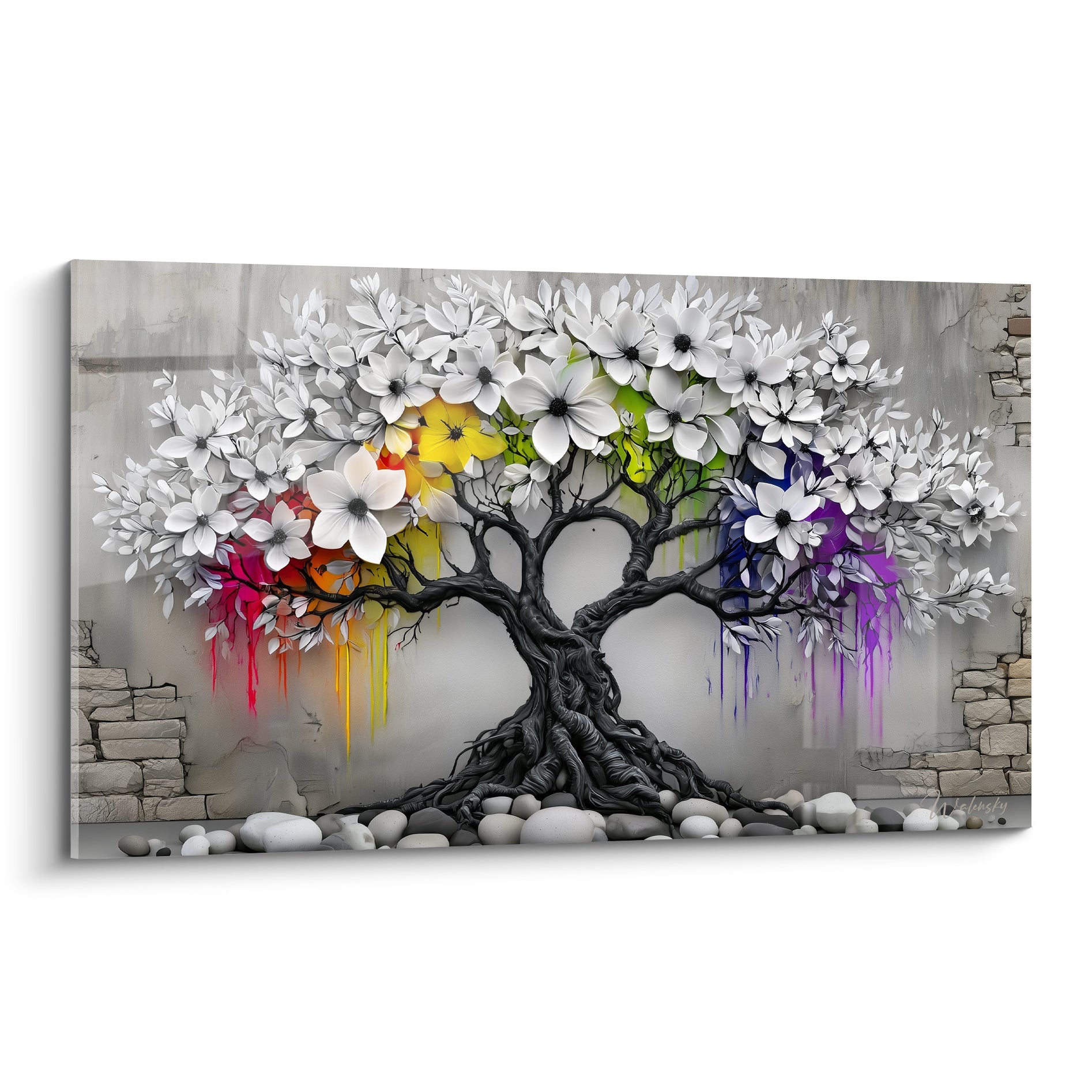 Olivier noir aux fleurs blanches et coulures rouges, jaunes et violettes sur fond gris pierre