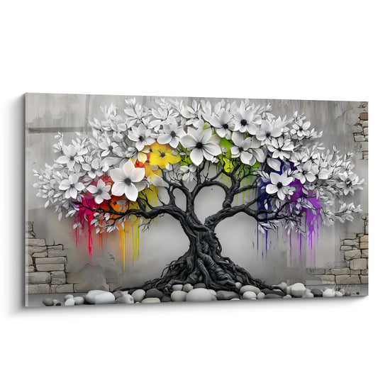 Olivier noir aux fleurs blanches et coulures rouges, jaunes et violettes sur fond gris pierre