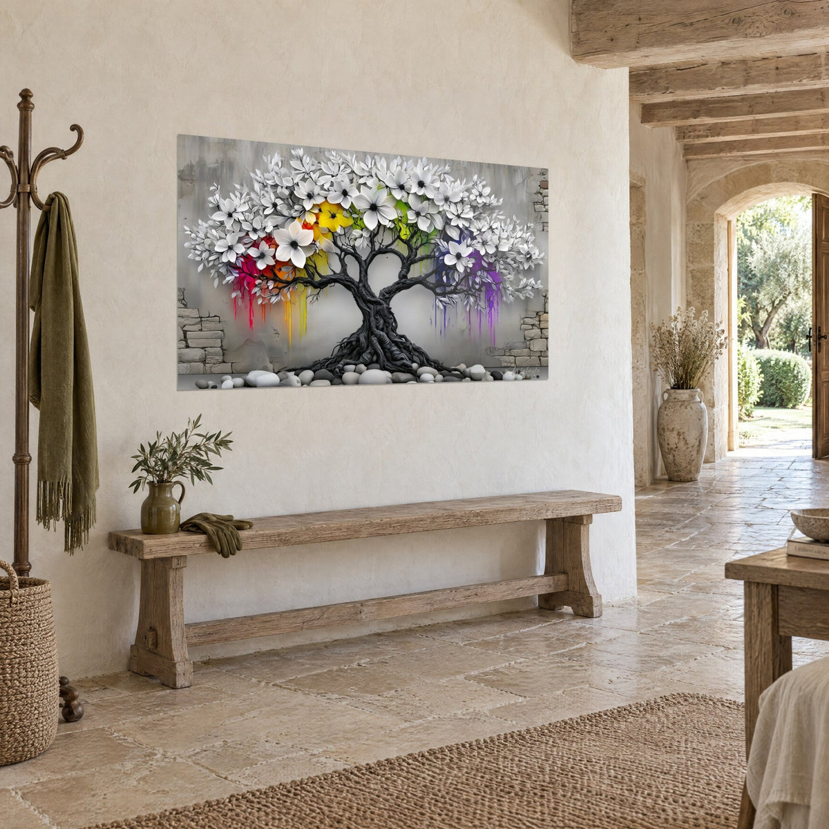 Gemälde verwundener Olivenbaum, schwarze Äste und weiße Blütenblätter, rote und violette Laufspuren, vor beige verputzter Wand