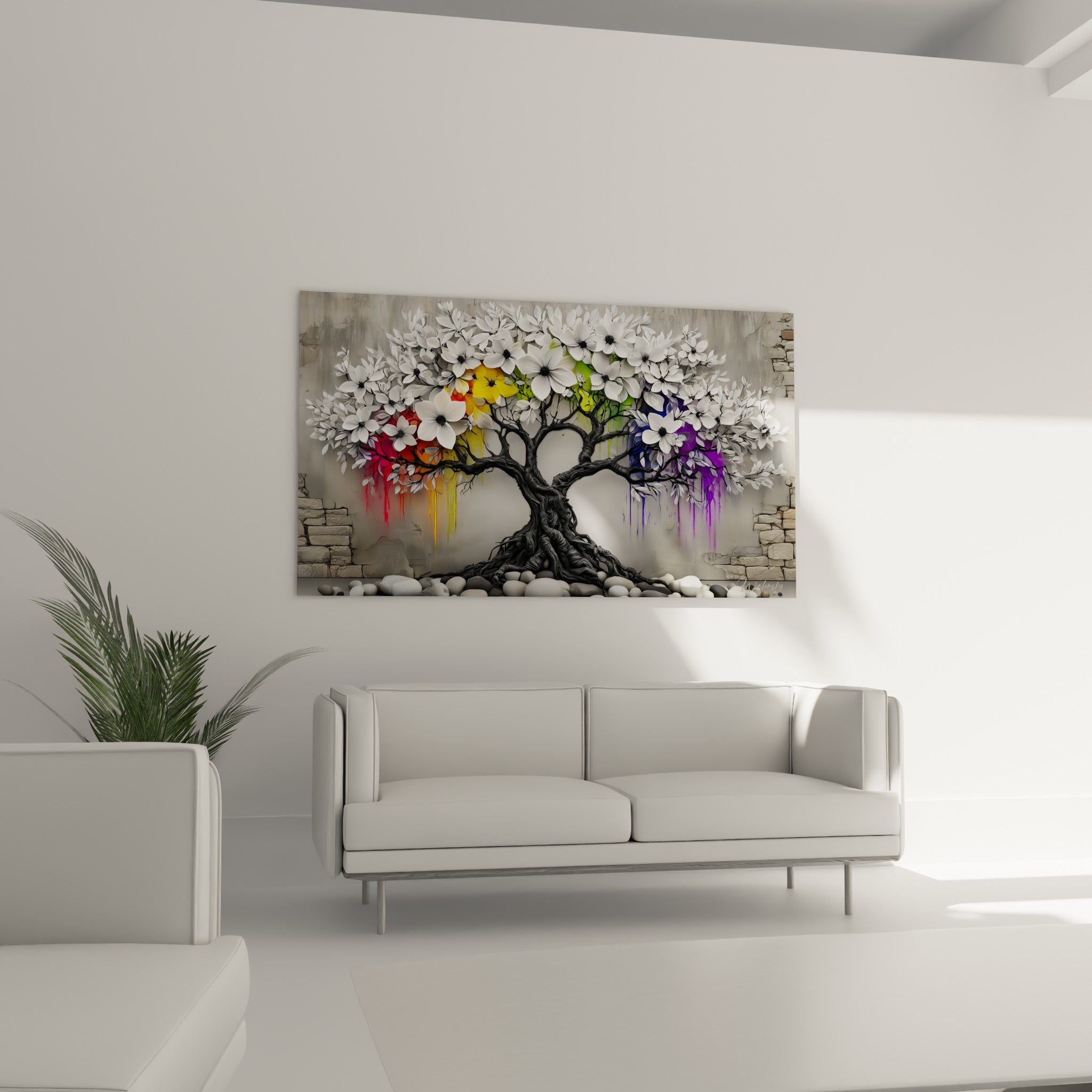 Racines noueuses noires et pétales blancs ruisselant de couleurs vives, au-dessus d'un canapé dans un salon lumineux