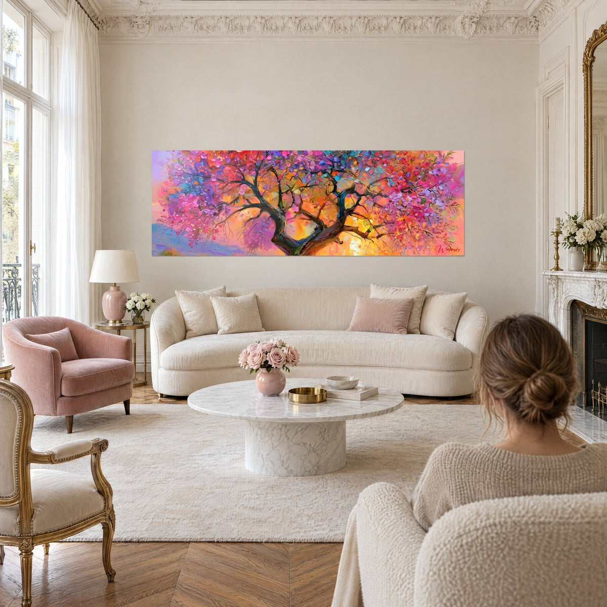 Gemälde Olivenbaum mit knorrigem Stamm in rosa und orangefarbener Blüte, junge Frau von hinten, über einem Sofa in einem hellen Wohnzimmer