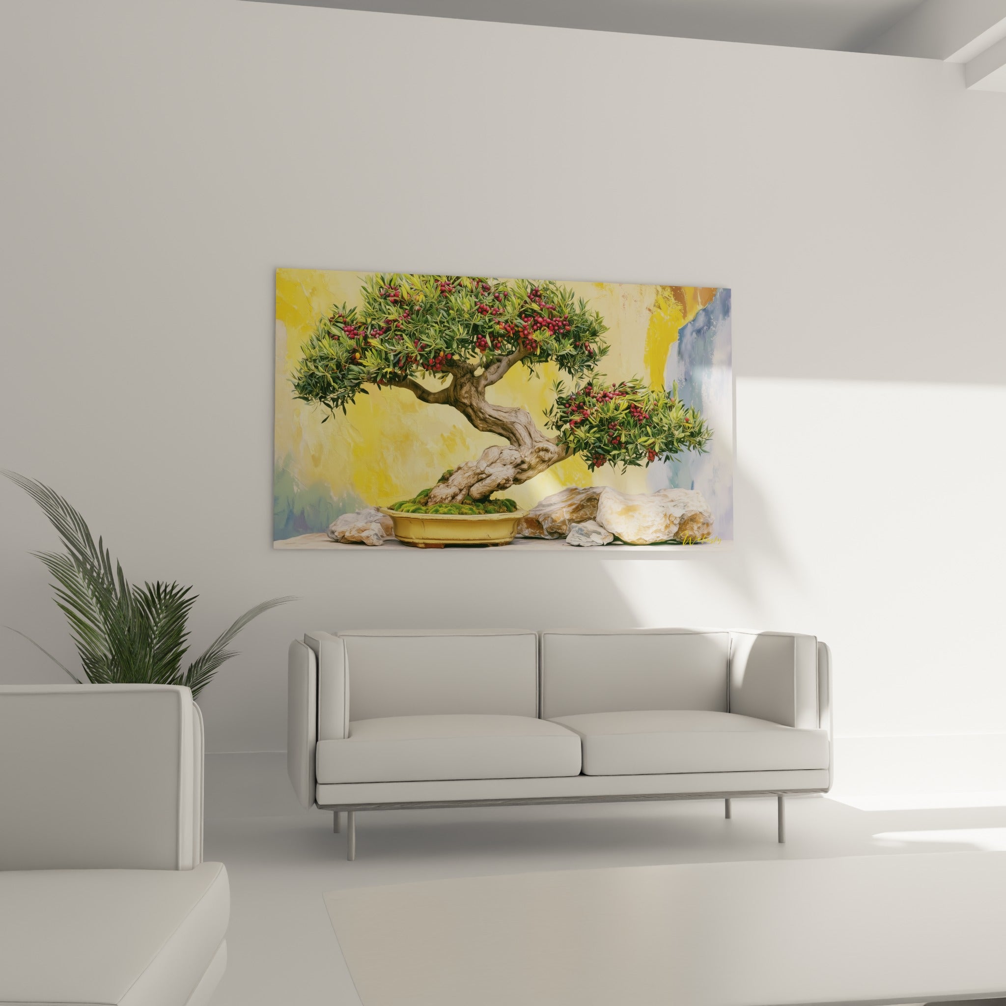 Arbre miniature aux couleurs jaune et bleu pastel, tronc sculpté, au-dessus d'un canapé dans un salon lumineux