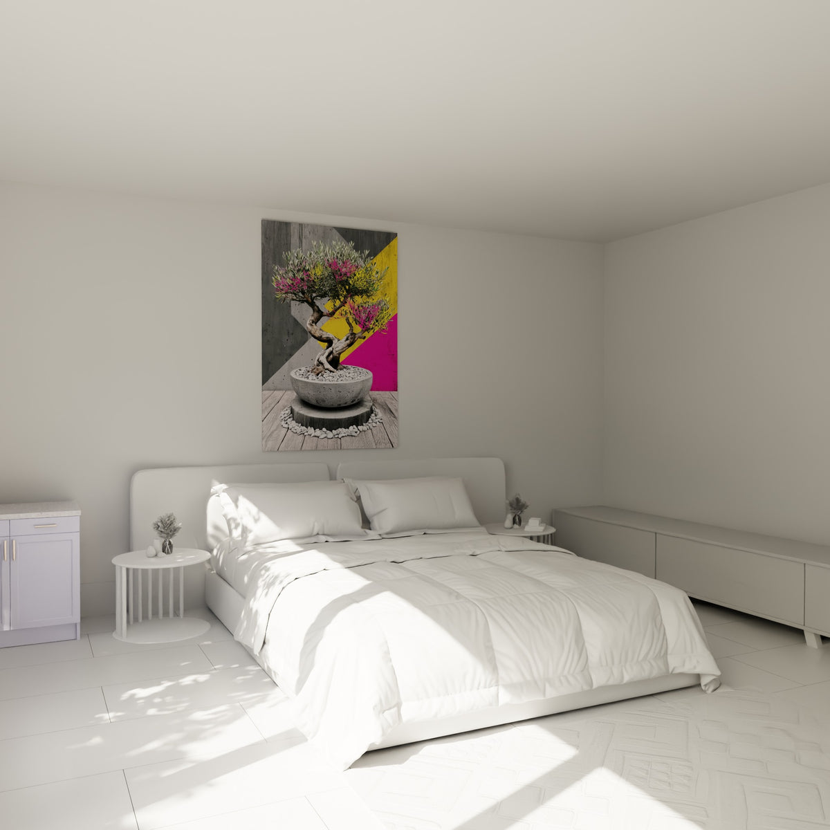 Olivier bonsaï gris et fuchsia sur fond graphique jaune, au-dessus d'un lit dans une chambre claire