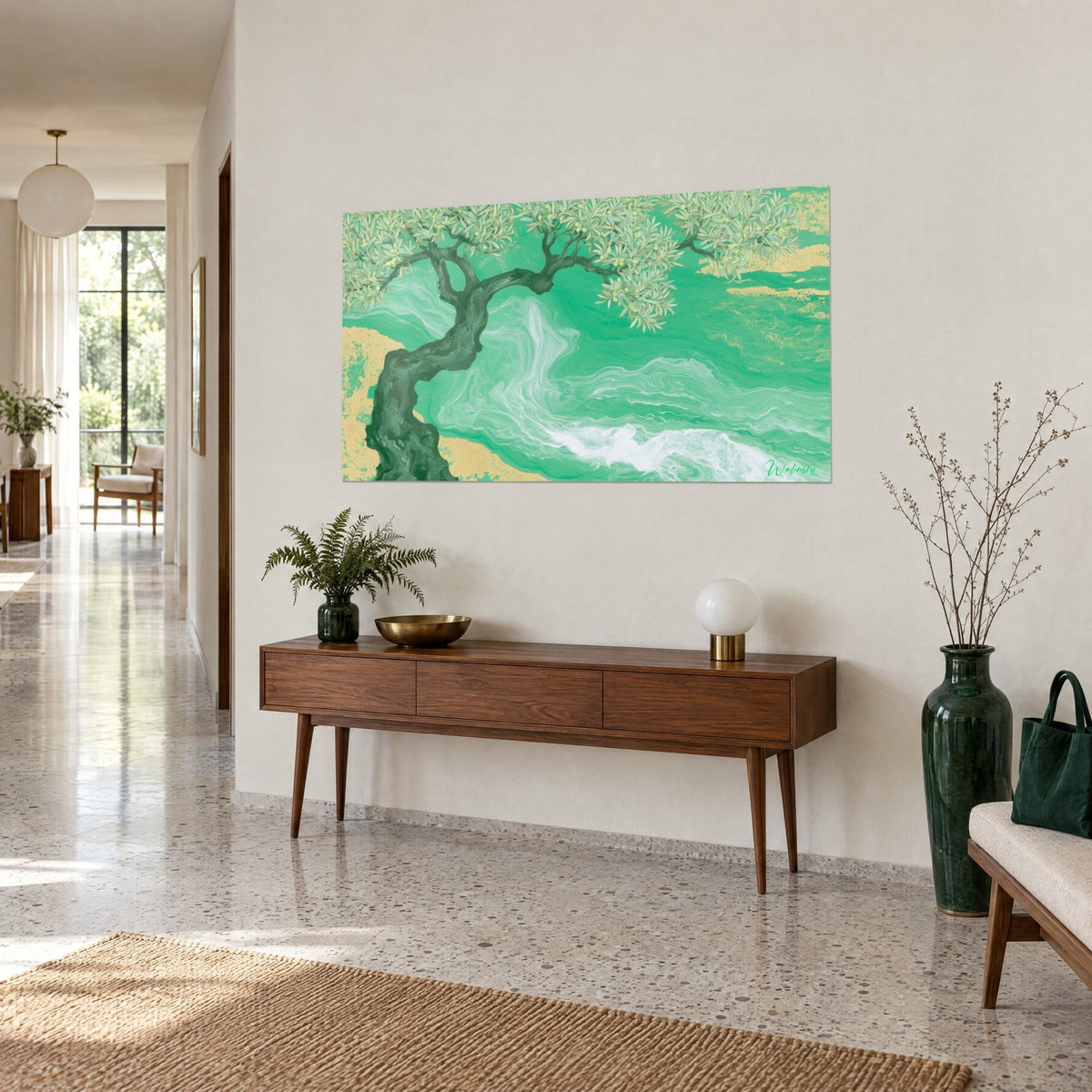 Wall art twisted tree with silvery leaves and olives, swirling white waves on a turquoise background, corridor in perspective
