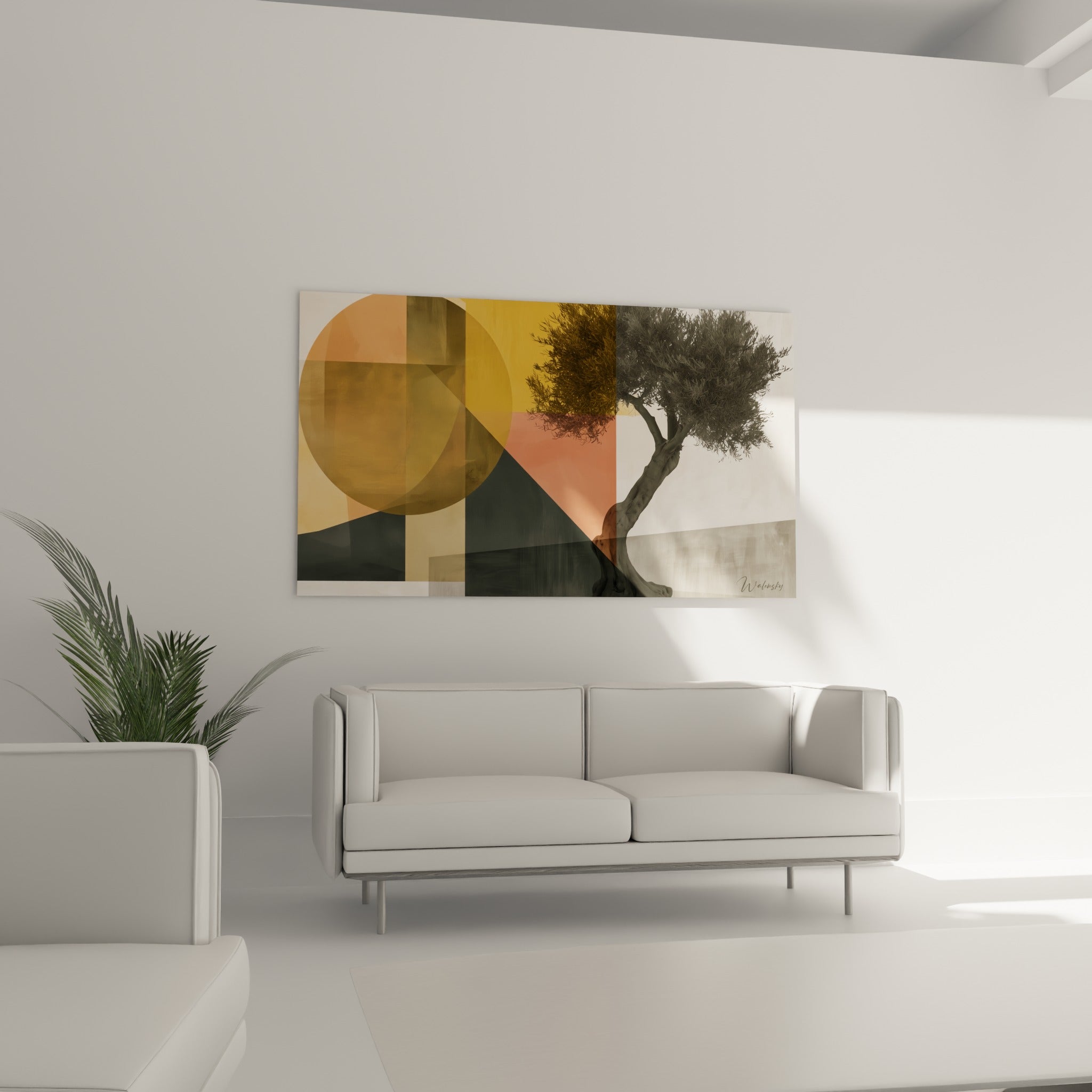 Arbre tortueux anthracite et feuillage sombre sur formes terracotta, au-dessus d'un canapé dans un salon lumineux