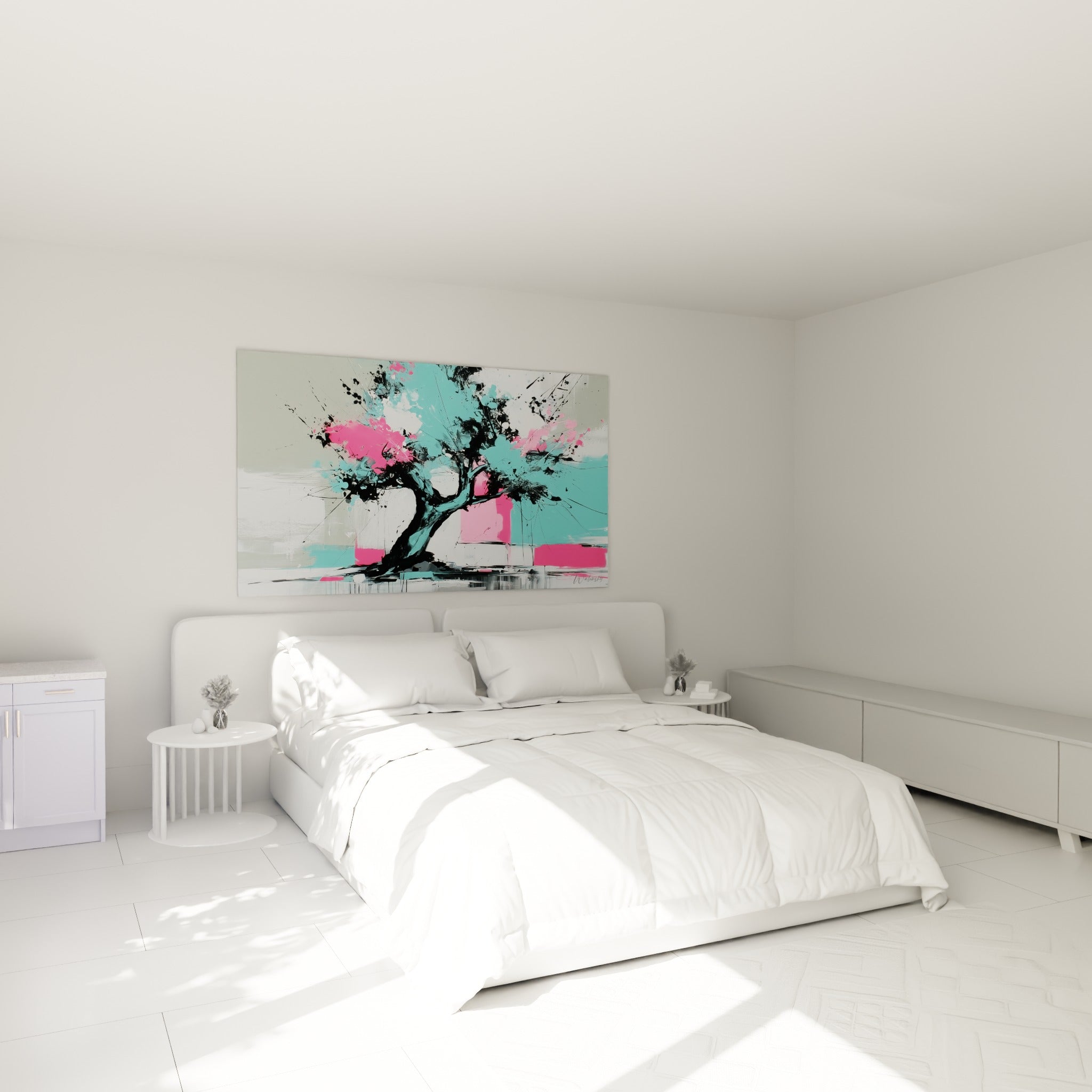 Silhouette d'olivier graphique en turquoise et rose fuchsia, accrochée au-dessus d'un lit dans une chambre claire