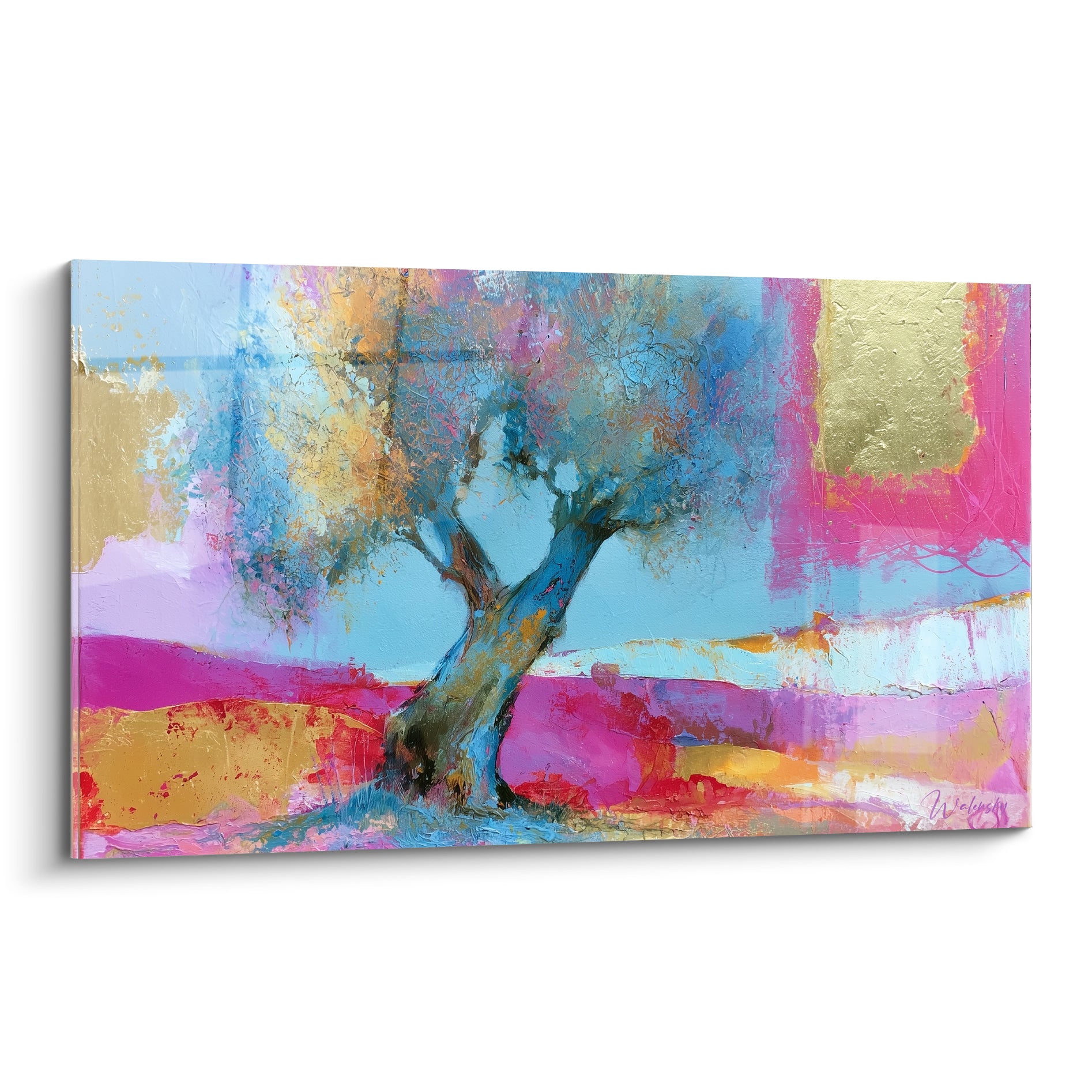 Olivier au tronc bleu torsadé sur fond fuchsia et doré texturé, peinture abstraite éclatante