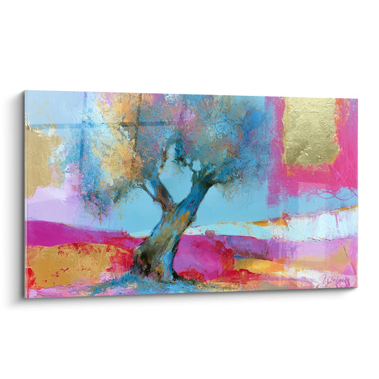 Olivier au tronc bleu torsadé sur fond fuchsia et doré texturé, peinture abstraite éclatante