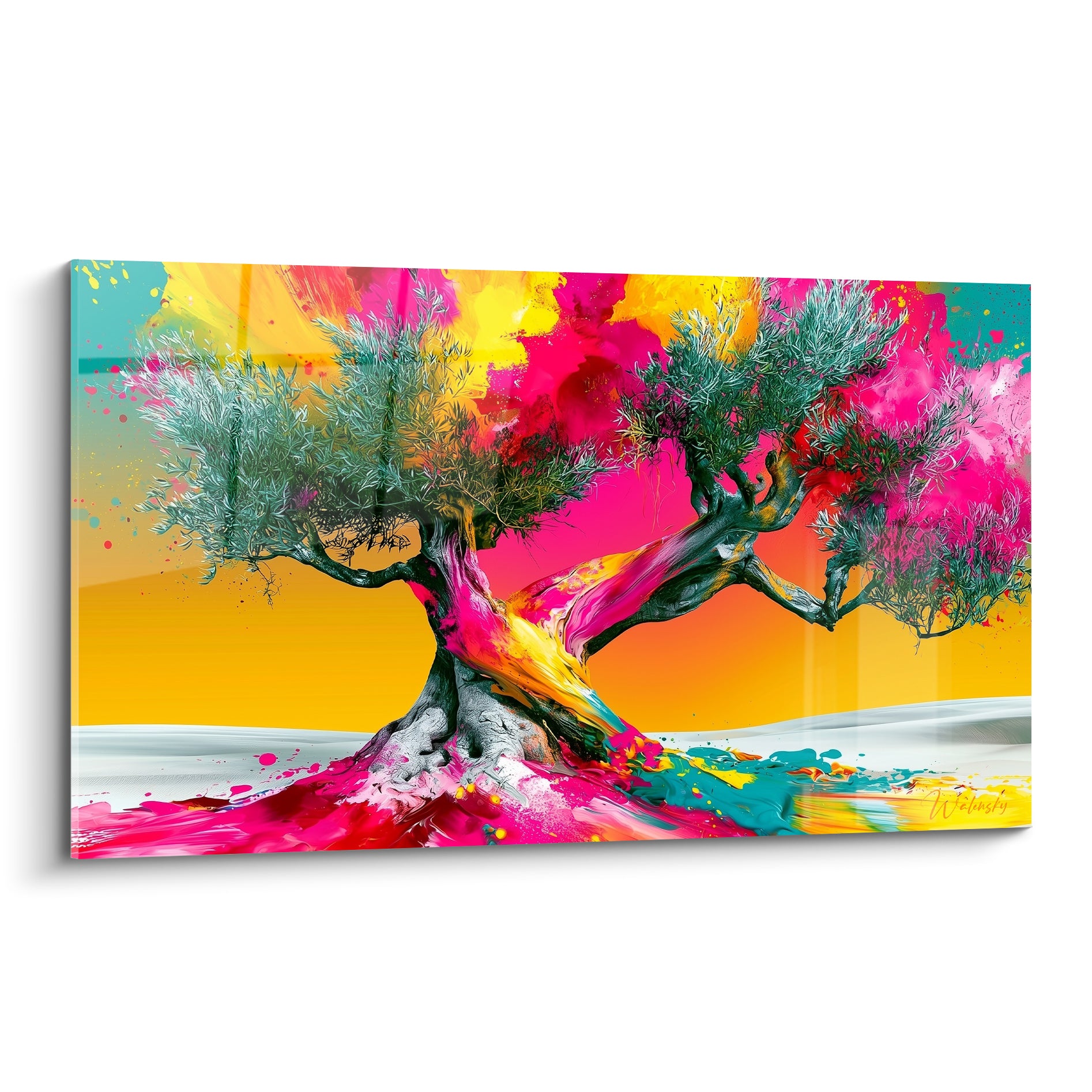 Olivier au tronc rose fuchsia et turquoise, fond jaune éclatant, style pictural explosif