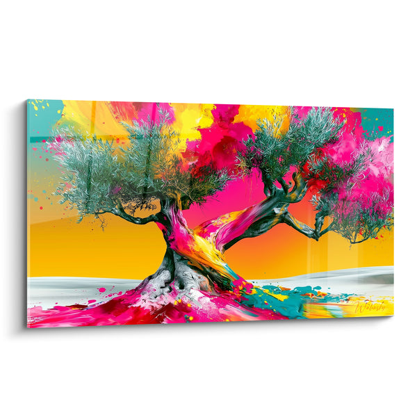 Tableau Olivier tronc rose et fond jaune éclatant - Éruption de couleurs - Edition Olivier