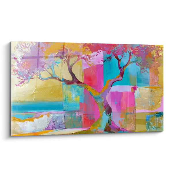 Tableau Olivier au tronc torsadé fuchsia et turquoise - Éclosion chromatique - Edition Olivier