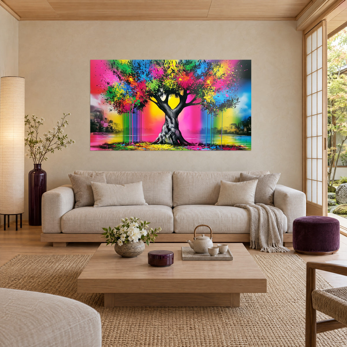 Cuadro olivo de tronco negro y follaje salpicado en rosa, amarillo y azul, sobre un sofá en un salón luminoso