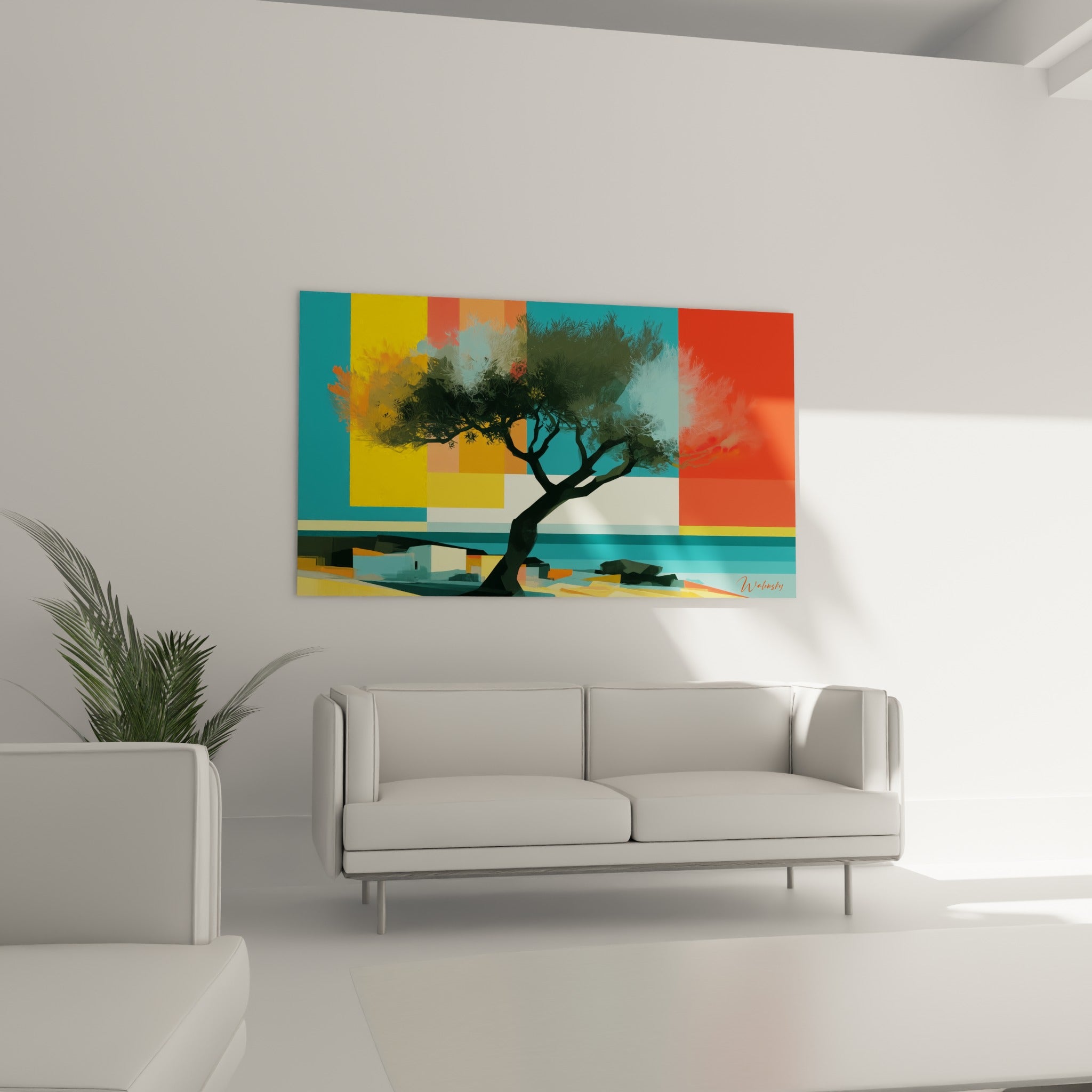 Arbre méditerranéen aux tons turquoise et rouge suspendu au-dessus d'un canapé dans un salon lumineux