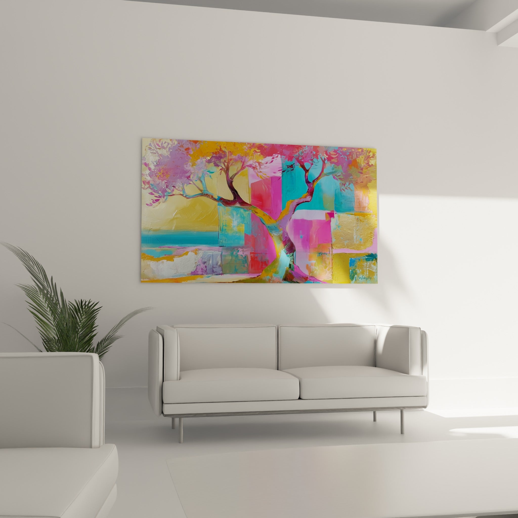 Silhouette d'olivier fuchsia et doré, tableau accroché au-dessus d'un canapé dans un salon lumineux