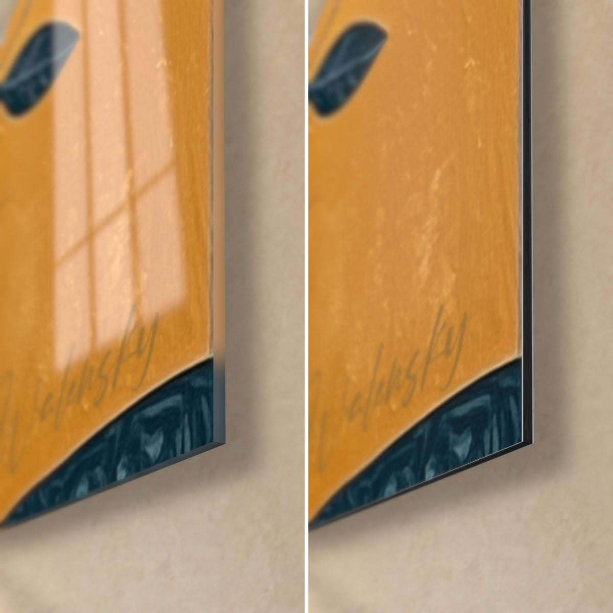 Gemälde Olivenbaum in Ocker, untere rechte Ecke: glänzendes Acrylglas links, matres Dibond-Aluminium rechts, goldene Signatur, 3 mm Stärke