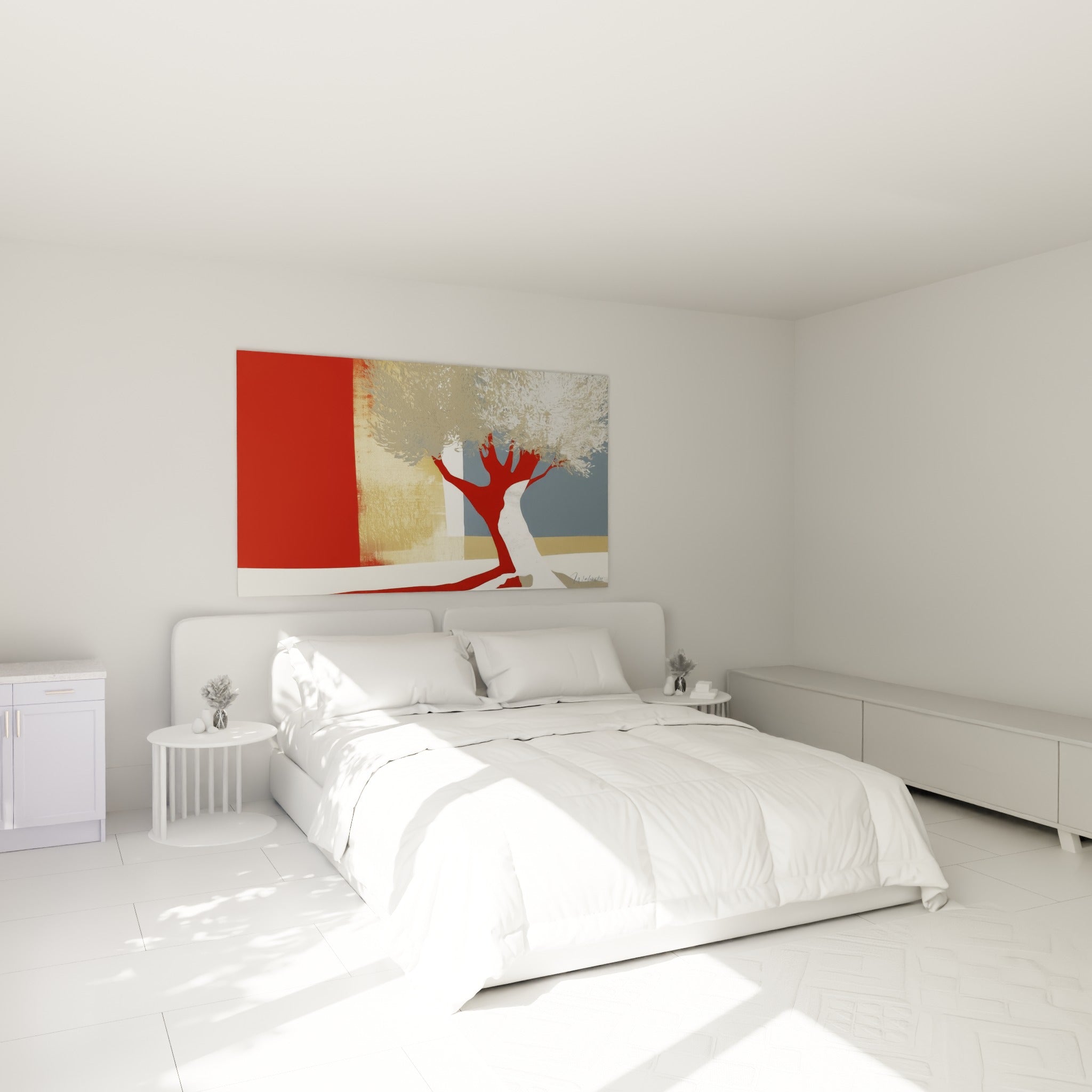 Silhouette d'olivier rouge et gris accrochée au-dessus d'un lit dans une chambre claire