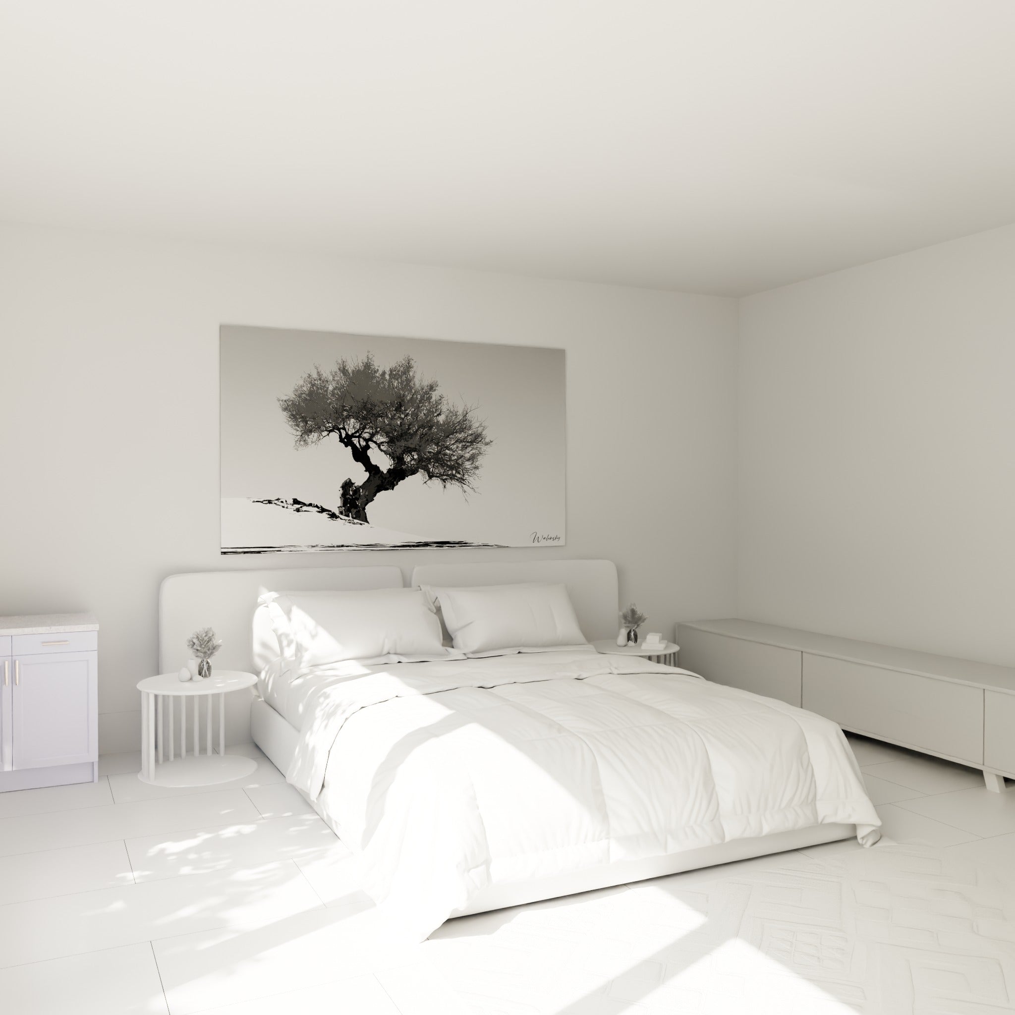 Silhouette d'olivier noir et blanc surplombant une butte enneigée, au-dessus d'un lit dans une chambre claire