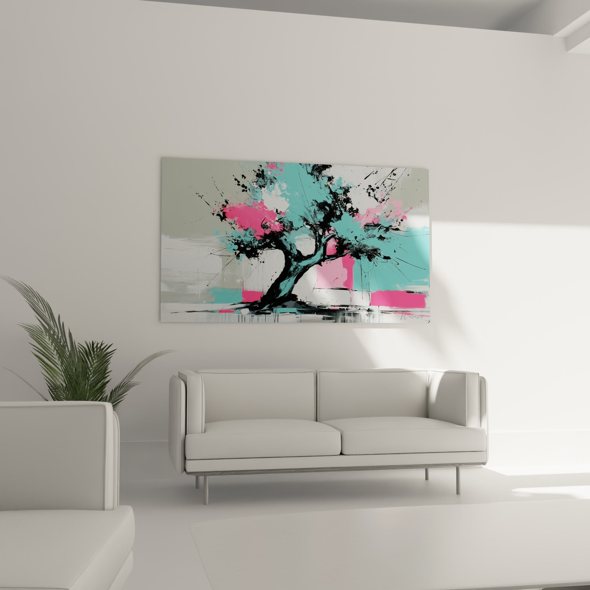 Composition abstraite d'un olivier noir aux touches roses et turquoise, au-dessus d'un canapé dans un salon lumineux