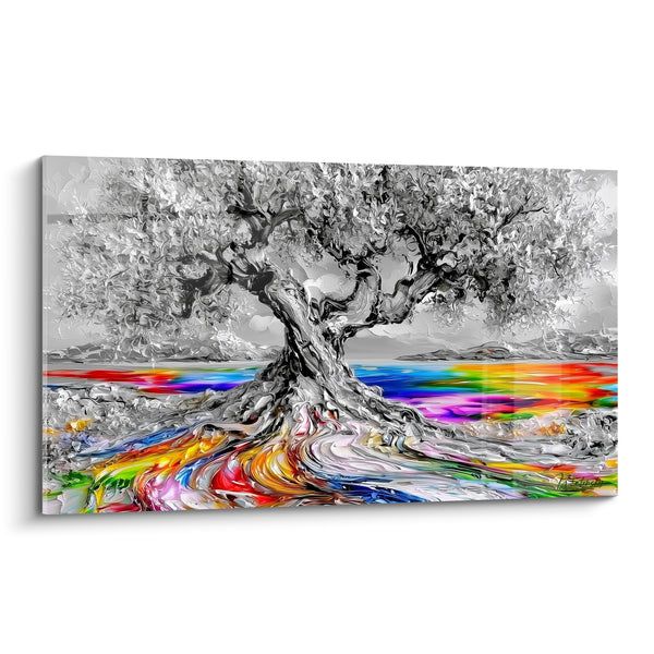 Tableau Olivier gris et arc-en-ciel au bord d'un lac - Explosion chromatique aux racines - Edition Olivier