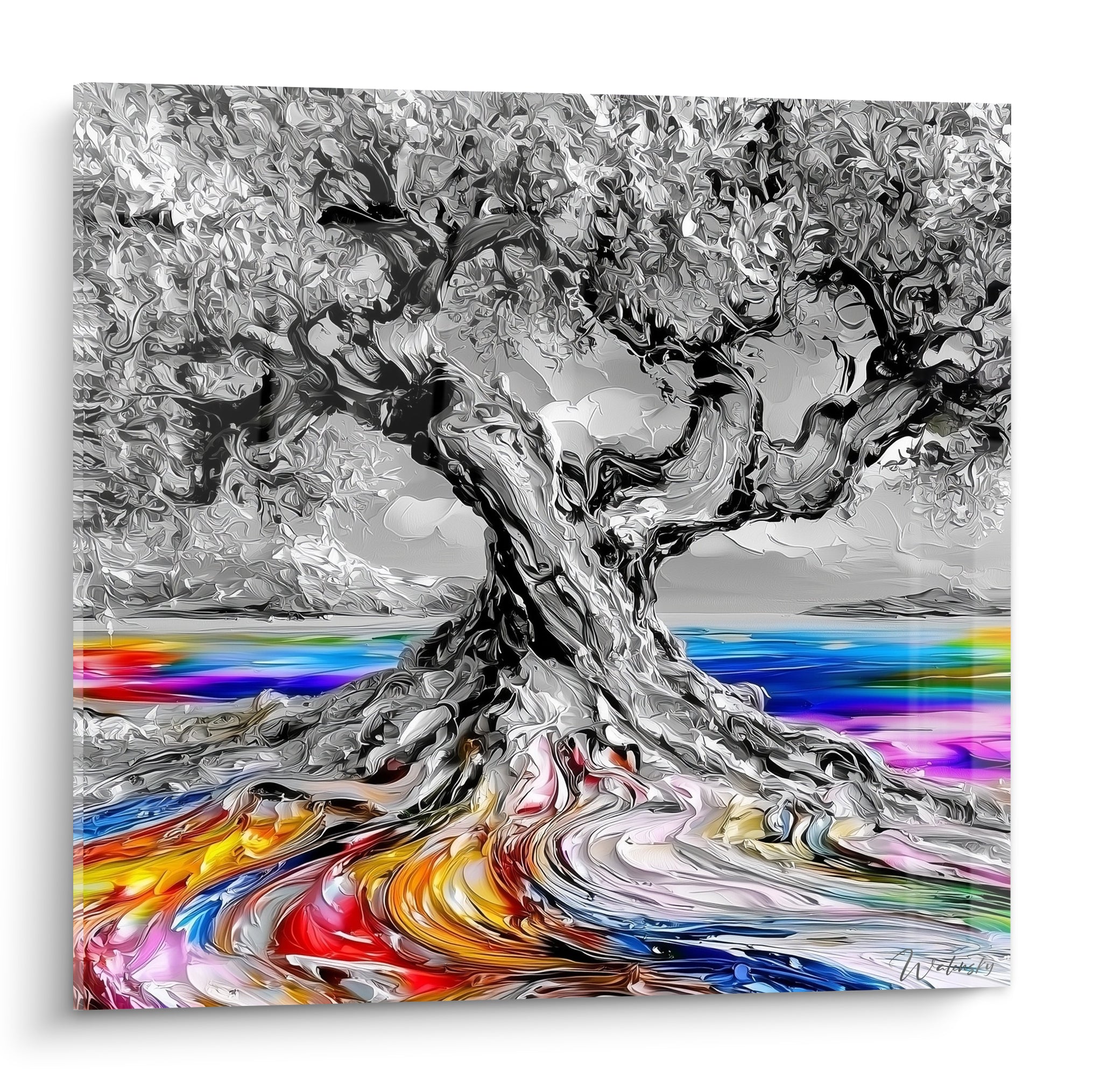 Olivier gris noueux aux racines multicolores ocre et bleu marine, style pictural fluide